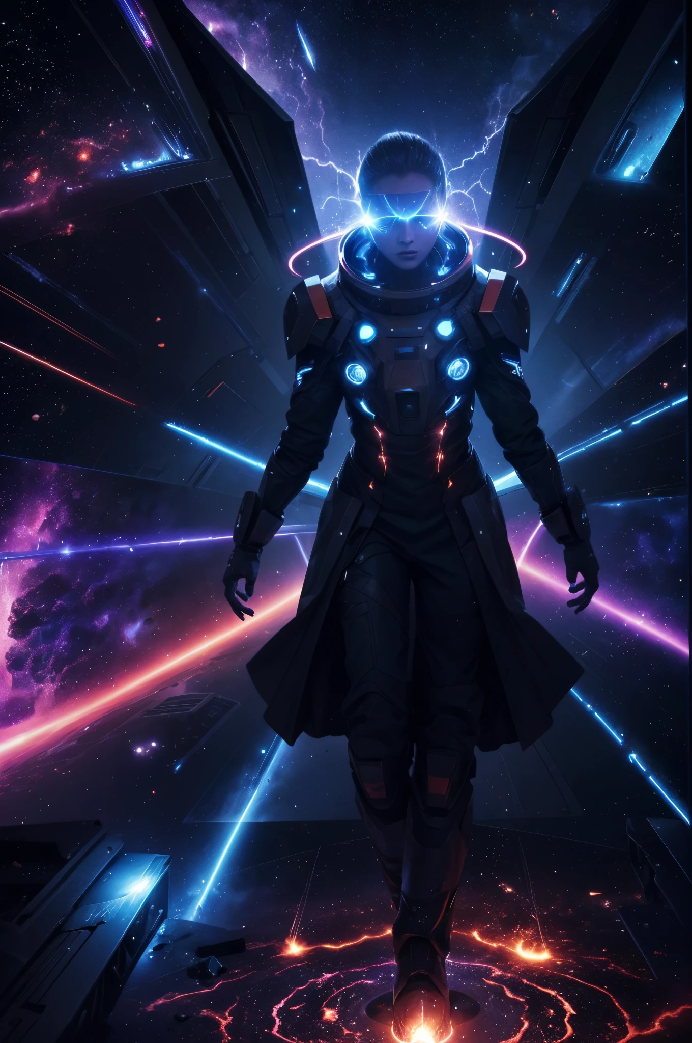 going through the scorching center of a space nebula, static, electricity, fire, explosions, danger, space travel, darkness of space, lightning, stars, Arora, shockwave, luminescents, blue-black star ship, swirling patterns, churning, twirling, fear, screams, lacewings, dragons, 64k resolution,