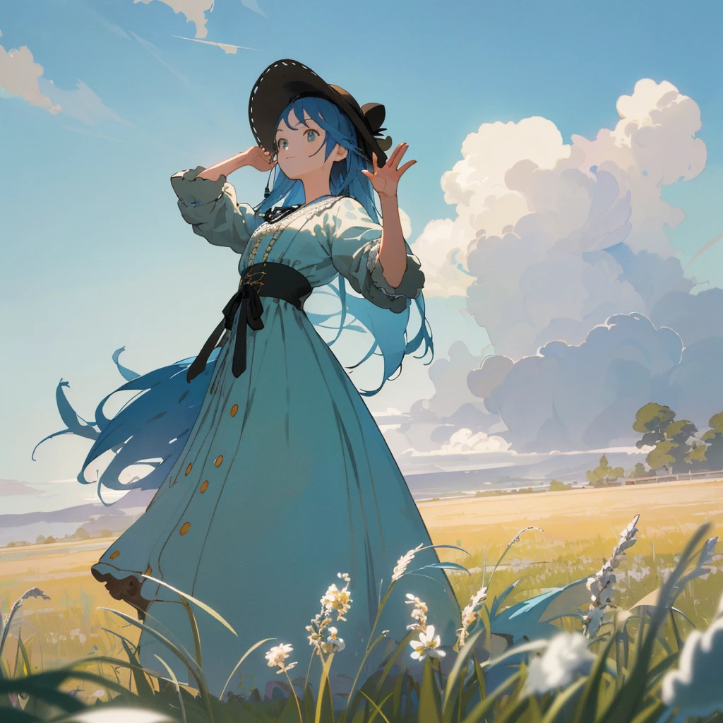 ((masterpiece, best quality, highest quality, illustration, intricate details)), blue sky, white clouds, grass, 1 girl waving in the distance, back to the camera, , fresh tone, rich color, high saturation, depth of field, outdoors, Miyazaki style, girl with long blue hair wearing a hat, regency era dress