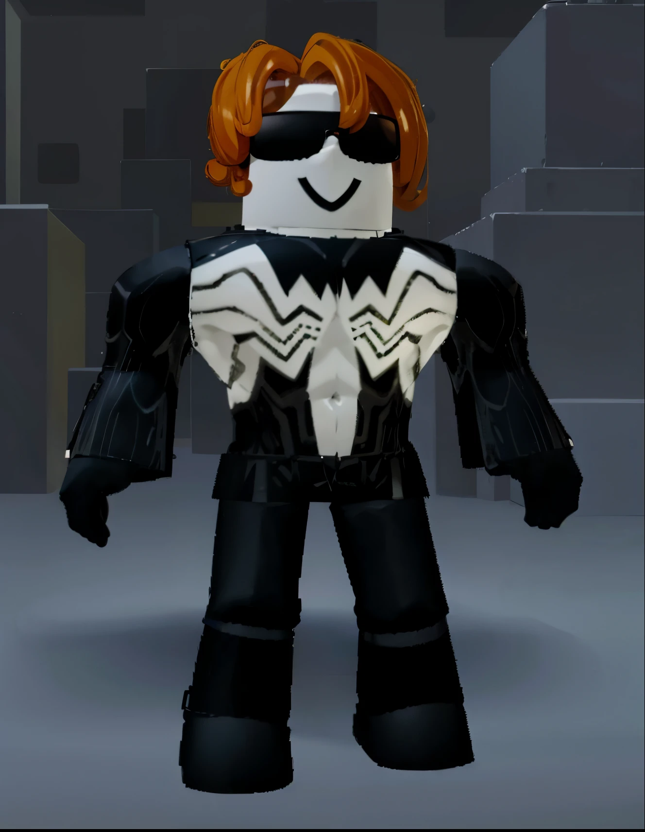 Man with brown curly hair with glasses and a smile with white skin color, There's only one Vemon outfit