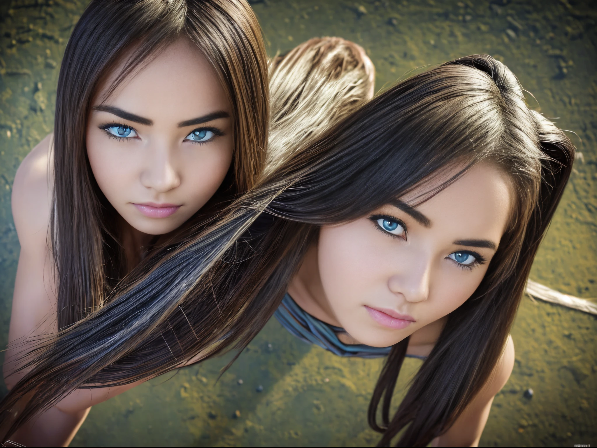 (masterpiece), realistic, beautiful face, cinematic light, bangs, ancient princess and her servant , full body, from above and side, outdoor, ancient ruins in China, beautiful eyes, silver hair, perfect anatomy, very cute, (blue eyes) , bioluminescence, 8 life size,8k resolution, human hands, elegant, approaching perfection, dynamic, highly detailed, concept art, smooth, facing directly at the viewer positioned so that their body is symmetrical and balanced, stunningly beautiful age girl, detailed hairstyle, fractal art, god ray, endured sadness expression, open mouth and stick out tongue, F-16 fighter jet chased by UFO, rainbow, winter, naked