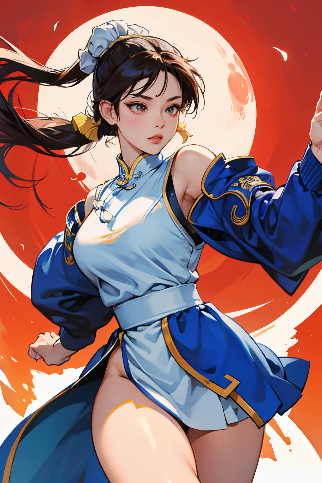 chun-li from street fighters series , white panty , in the streets , red moon , perfect eyes ,