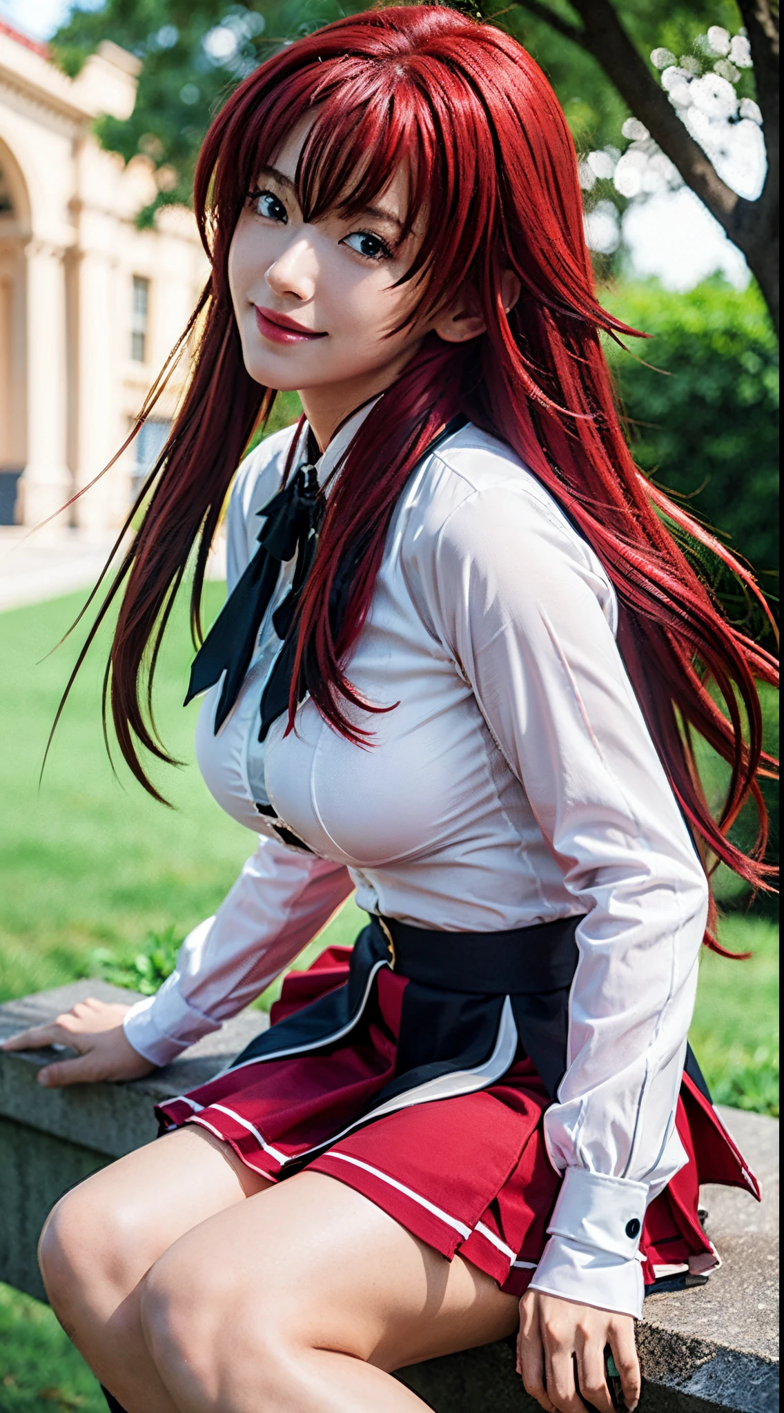 (masterpiece:1.2), (photorealistic:1.2), (best quality),((realistic:1.3)), (detailed skin:1.3), (intricate details), dramatic, ray tracing,finely detailed, quality,realistic lighting,huge breasts,1girl,1girl, rias_gremory,school uniform, red hair, ahoge, blue eyes, large breasts, very long hair, breasts, red skirt, huge ahoge, socks,,full body,smile,looking at viewer,(outdoors,dynamic pose)