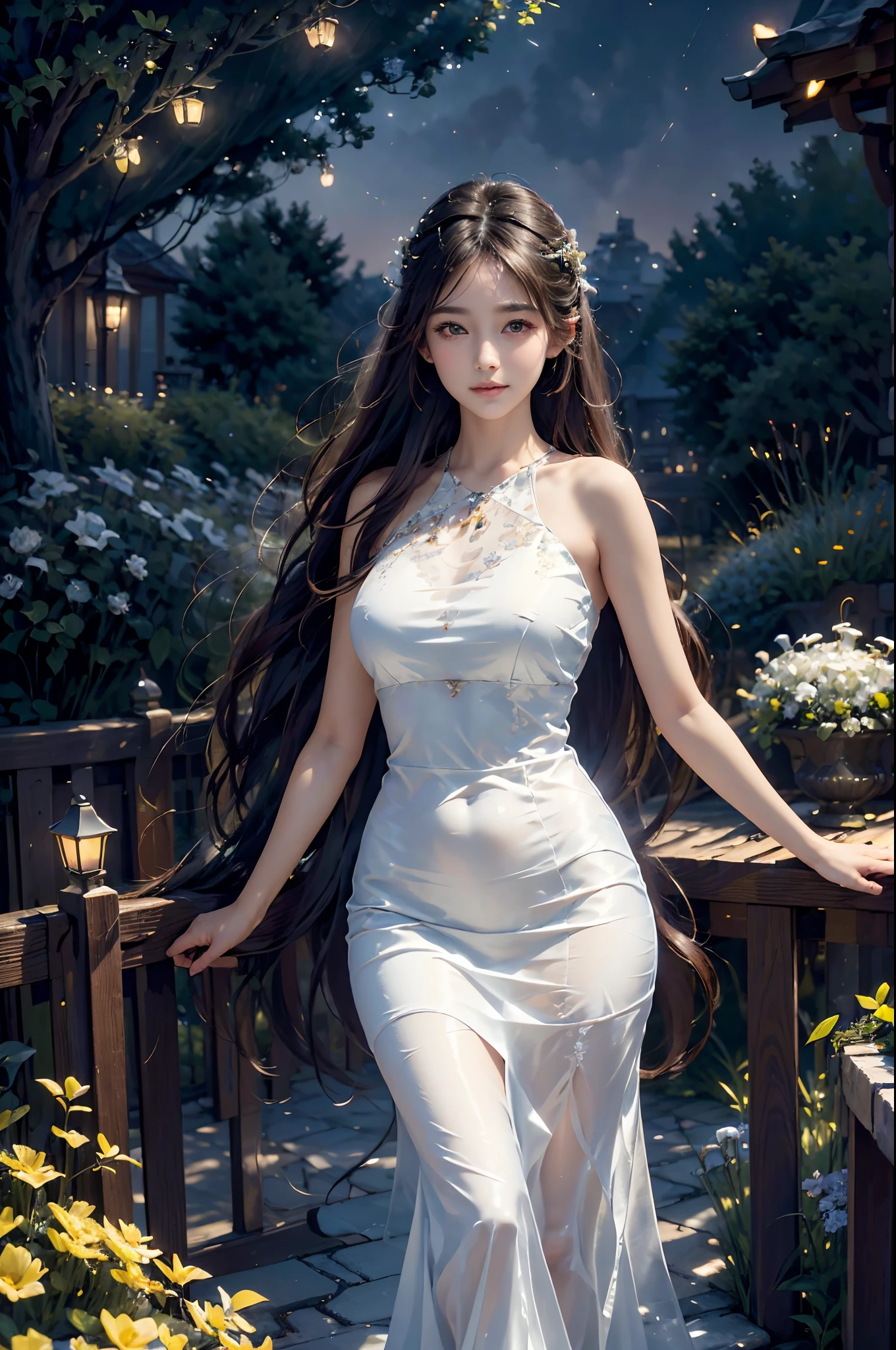 (best quality,4k,8k,highres,masterpiece:1.2),ultra-detailed,(realistic,photorealistic,photo-realistic:1.37),a girl in a garden,night sky,star-filled sky,crescent moon,city streets,illustration,soft brushstrokes,dreamlike atmosphere,vibrant colors,gentle moonlight,quiet ambiance,lively cityscape,enchanted garden,lush greenery,splendid floral arrangements,sparkling stars,distant city lights,romantic atmosphere,serene expression,sundress,flowing hair,dancing fireflies,magical aura,peaceful energy,whispering breeze,whimsical scenery,tranquil setting,starlight reflecting on leaves,faint sounds of music and laughter,happiness and tranquility coexisting,nighttime serenade,fascinating architecture,cozy cafes,metropolis alive at night,secluded pathways,mystical beauty,picturesque charm,unforgettable memory,exquisite detail description,soft and warm lighting,delicate shadows, A girl with beautiful detailed eyes and lips standing under the radiant night sky in a captivating garden. The star-filled sky envelops the peaceful scene, with a crescent moon casting a soft glow over the lush greenery and splendid floral arrangements. The girl's expression exudes serenity and joy as she gazes up at the twinkling stars. She wears a flowing dress that dances in the gentle moonlight, and her hair cascades down her back, catching the faint light of fireflies flickering around her. The garden is imbued with a magical aura, with the rustling of leaves and the hushed whispers of a breeze creating a tranquil setting. The enchanting scenery is complemented by the distant lights of a vibrant city, visible beyond the garden's borders. The city streets are alive with bustling activity, and the fascinating architecture of the metropolis adds to the picturesque charm. Cozy cafes line the streets, where the soft sounds of music and laughter mingle with the nighttime serenade.