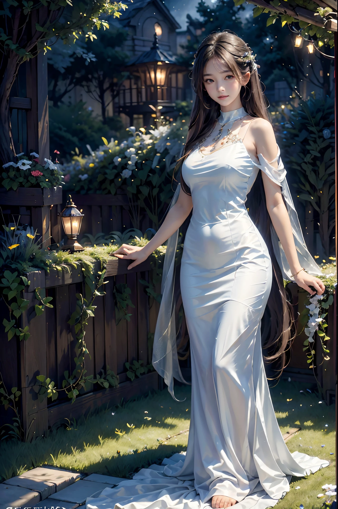 (best quality,4k,8k,highres,masterpiece:1.2),ultra-detailed,(realistic,photorealistic,photo-realistic:1.37),a girl in a garden,night sky,star-filled sky,crescent moon,city streets,illustration,soft brushstrokes,dreamlike atmosphere,vibrant colors,gentle moonlight,quiet ambiance,lively cityscape,enchanted garden,lush greenery,splendid floral arrangements,sparkling stars,distant city lights,romantic atmosphere,serene expression,sundress,flowing hair,dancing fireflies,magical aura,peaceful energy,whispering breeze,whimsical scenery,tranquil setting,starlight reflecting on leaves,faint sounds of music and laughter,happiness and tranquility coexisting,nighttime serenade,fascinating architecture,cozy cafes,metropolis alive at night,secluded pathways,mystical beauty,picturesque charm,unforgettable memory,exquisite detail description,soft and warm lighting,delicate shadows, A girl with beautiful detailed eyes and lips standing under the radiant night sky in a captivating garden. The star-filled sky envelops the peaceful scene, with a crescent moon casting a soft glow over the lush greenery and splendid floral arrangements. The girl's expression exudes serenity and joy as she gazes up at the twinkling stars. She wears a flowing dress that dances in the gentle moonlight, and her hair cascades down her back, catching the faint light of fireflies flickering around her. The garden is imbued with a magical aura, with the rustling of leaves and the hushed whispers of a breeze creating a tranquil setting. The enchanting scenery is complemented by the distant lights of a vibrant city, visible beyond the garden's borders. The city streets are alive with bustling activity, and the fascinating architecture of the metropolis adds to the picturesque charm. Cozy cafes line the streets, where the soft sounds of music and laughter mingle with the nighttime serenade.