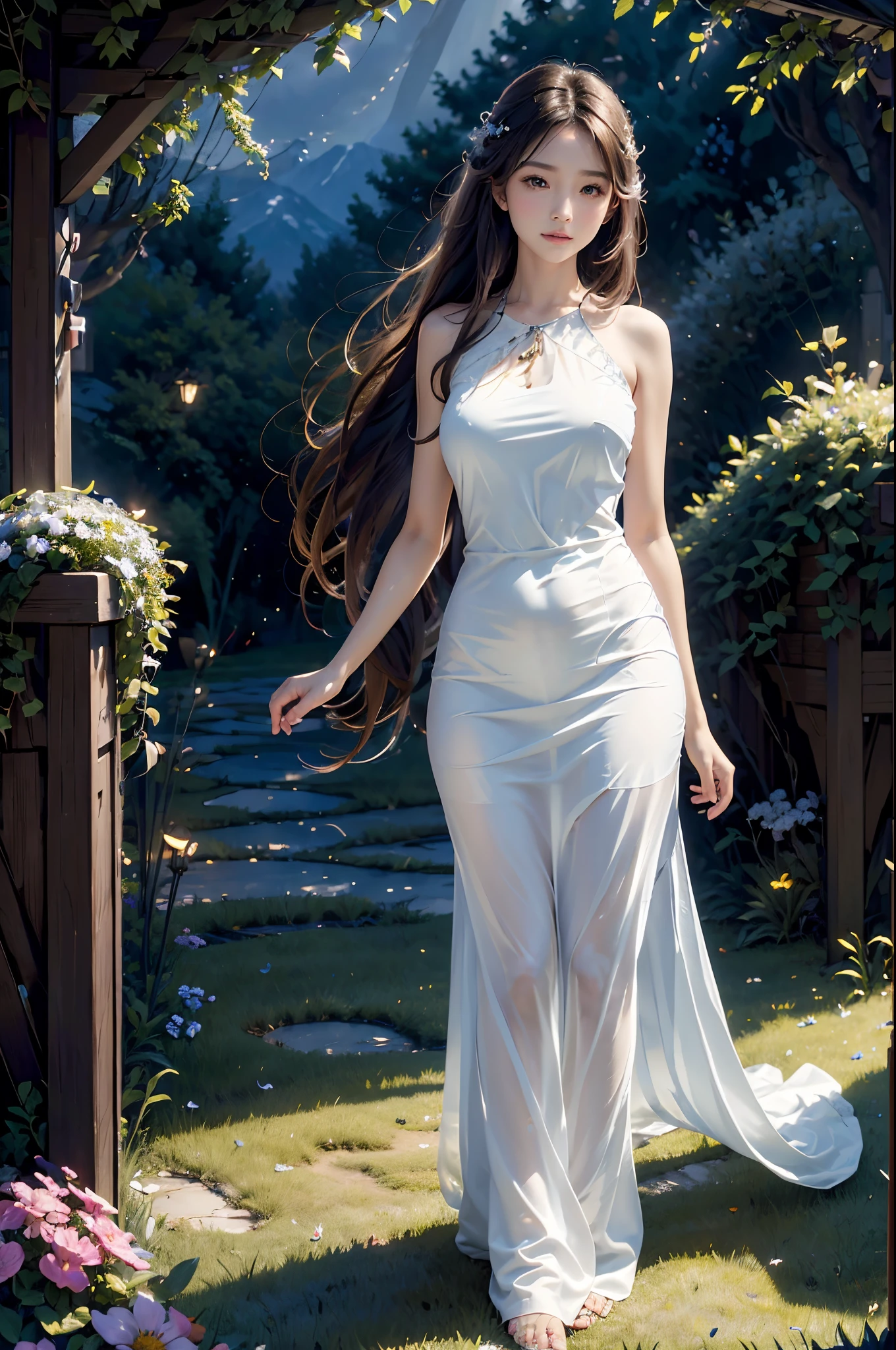 (best quality,4k,8k,highres,masterpiece:1.2),ultra-detailed,(realistic,photorealistic,photo-realistic:1.37),a girl in a garden,night sky,star-filled sky,crescent moon,city streets,illustration,soft brushstrokes,dreamlike atmosphere,vibrant colors,gentle moonlight,quiet ambiance,lively cityscape,enchanted garden,lush greenery,splendid floral arrangements,sparkling stars,distant city lights,romantic atmosphere,serene expression,sundress,flowing hair,dancing fireflies,magical aura,peaceful energy,whispering breeze,whimsical scenery,tranquil setting,starlight reflecting on leaves,faint sounds of music and laughter,happiness and tranquility coexisting,nighttime serenade,fascinating architecture,cozy cafes,metropolis alive at night,secluded pathways,mystical beauty,picturesque charm,unforgettable memory,exquisite detail description,soft and warm lighting,delicate shadows, A girl with beautiful detailed eyes and lips standing under the radiant night sky in a captivating garden. The star-filled sky envelops the peaceful scene, with a crescent moon casting a soft glow over the lush greenery and splendid floral arrangements. The girl's expression exudes serenity and joy as she gazes up at the twinkling stars. She wears a flowing dress that dances in the gentle moonlight, and her hair cascades down her back, catching the faint light of fireflies flickering around her. The garden is imbued with a magical aura, with the rustling of leaves and the hushed whispers of a breeze creating a tranquil setting. The enchanting scenery is complemented by the distant lights of a vibrant city, visible beyond the garden's borders. The city streets are alive with bustling activity, and the fascinating architecture of the metropolis adds to the picturesque charm. Cozy cafes line the streets, where the soft sounds of music and laughter mingle with the nighttime serenade.