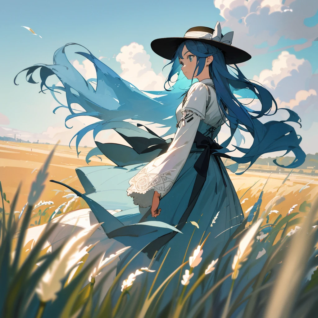 ((masterpiece, best quality, highest quality, illustration, intricate details)), blue sky, white clouds, grass,1 girl looking out into the fields, back to the camera, , fresh tone, rich color, high saturation, depth of field, outdoors, Miyazaki style, girl with long blue hair wearing a hat, white regency era dress, atmosphere: spring time, grass blowing in the wind