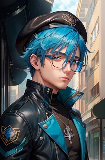 (Best Quality, masutepiece:1.2),1boy,Anime young man with blue hair and glasses in a black jacket, live2d virtual youtuber model, 2 d anime style, anime moe art style, paint tool sai!! Blue, anime stylized, Stylized anime, 2 D Anime, bright green eyes,beret