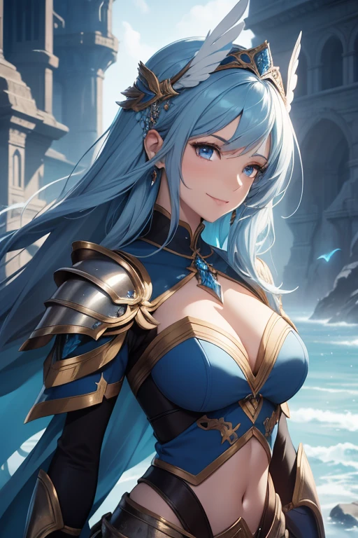 a close up of a woman in a blue dress with a feathered headpiece, detailed fantasy art, epic exquisite character art, 2. 5 d cgi anime fantasy artwork, stunning character art, 4k fantasy art, pale blue armor, highly detailed fantasy art, detailed fantasy digital art, clothed in ethereal armor, fantasy art style, beautiful armor, beautiful fantasy art, cleavage, exposed midriff, muscular athletic body, large smile