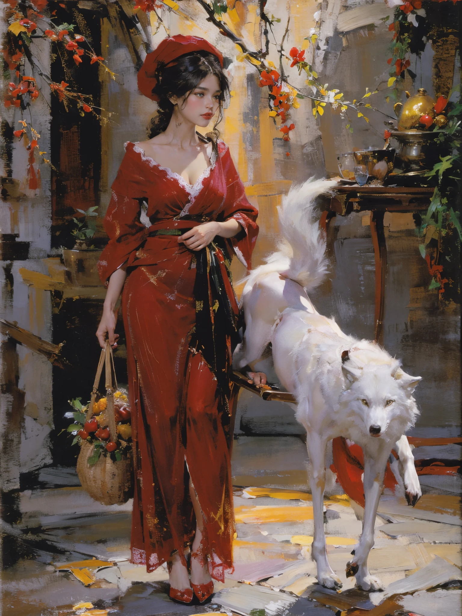 Describes the scene where the girl in red meets the wolf，(((white wolf)))，Quiet and harmonious atmosphere，Dramatic composition，warm color palette，plethora of colors，Correct anatomy，Detailed faces, 詳細な目，（Girls wear：red shawl，Red Hat，laced dress，Red Hat, cloaks, Large bra, a skirt, Red dress，Carrying a basket of fruit），Background with：luring，natural  lightting, Candy   House，a fairy world，Close-up cleavage，Charming and sexy legs，((Sexual suggestiveness))，Correct anatomy，Detailed face, Detailed eyes，(post impressionist),(Fechin Oil Painting - Fechin Oil Painting , oil painted), 05