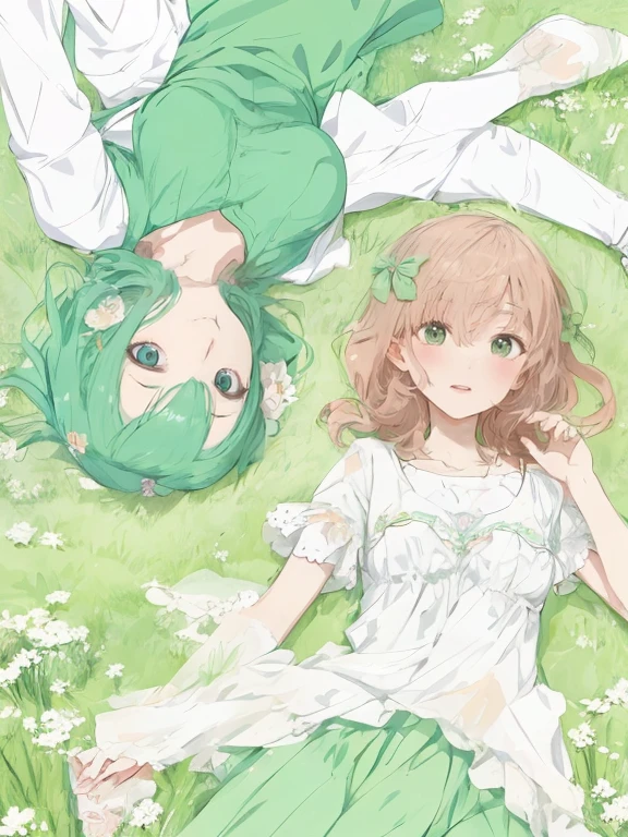 Anime image of two girls lying on the ground,  clover carpet, anime illustrated, Color Anime, Lori, line-drawing, cyan and green, anime styled, cute anime style, high quality fan art, In anime style、kawaii、Reverse position、Above、