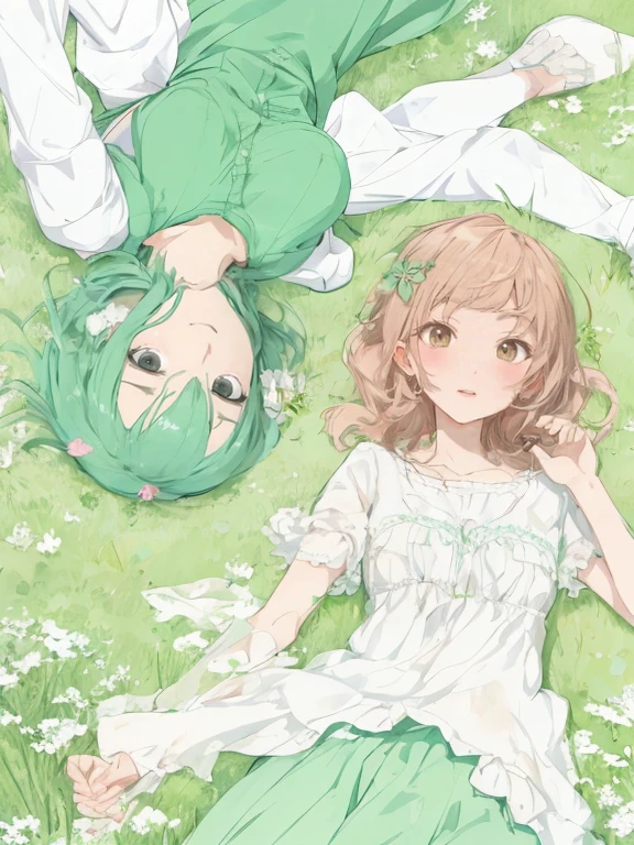 Anime image of two girls lying on the ground, clover carpet, anime illustrated, Color Anime, Lori, line-drawing, cyan and green, anime styled, cute anime style, high quality fan art, In anime style、kawaii、Reverse position、Above、