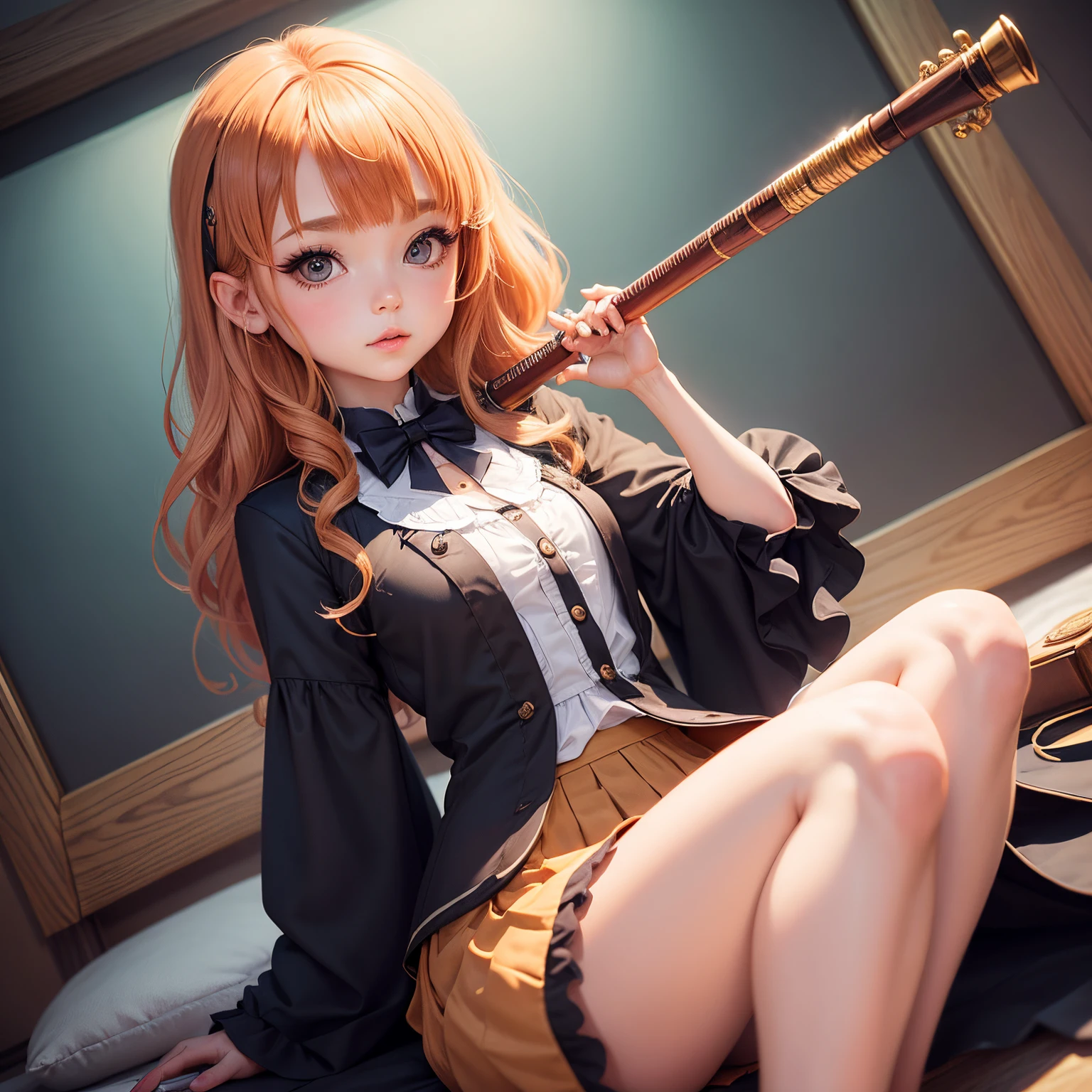 Chibi Chara Daphne:1.2, girl playing the flute ,notas musicales alrededor ,traje escolar ,highest qualityr ,hd,obra maestra ,acuarela