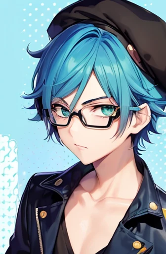 (Best Quality, masutepiece:1.2),1boy,Anime young man with blue hair and glasses in a black jacket, live2d virtual youtuber model, 2 d anime style, anime moe art style, paint tool sai!! Blue, anime stylized, Stylized anime, 2 D Anime, bright green eyes,beret