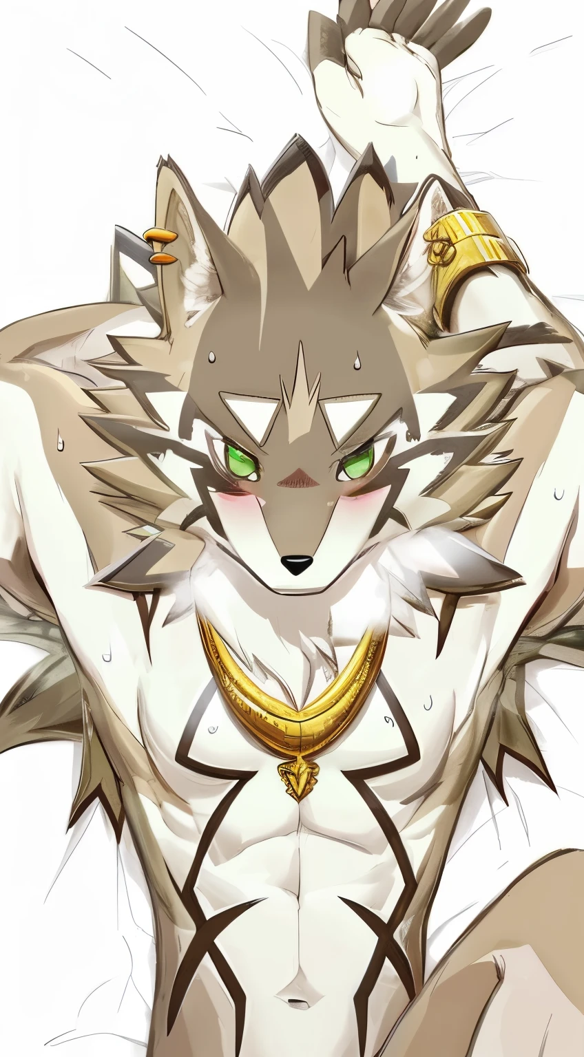 NSFW Works, (Best Definition), Seto (Tokyo After-School Summoners), Seto(Wandering Longing), Seth (it), Seto, Kazuma Koda, coyote, gold necklace, Gold jewelry, Ear piercing, Green Eye, Grey Body, white body, Brown Body, stripes, Striped body, Muscular men, laying in bed, blush, bright muscles, slutty, the sweat, Breath, flirting, shame, puffy