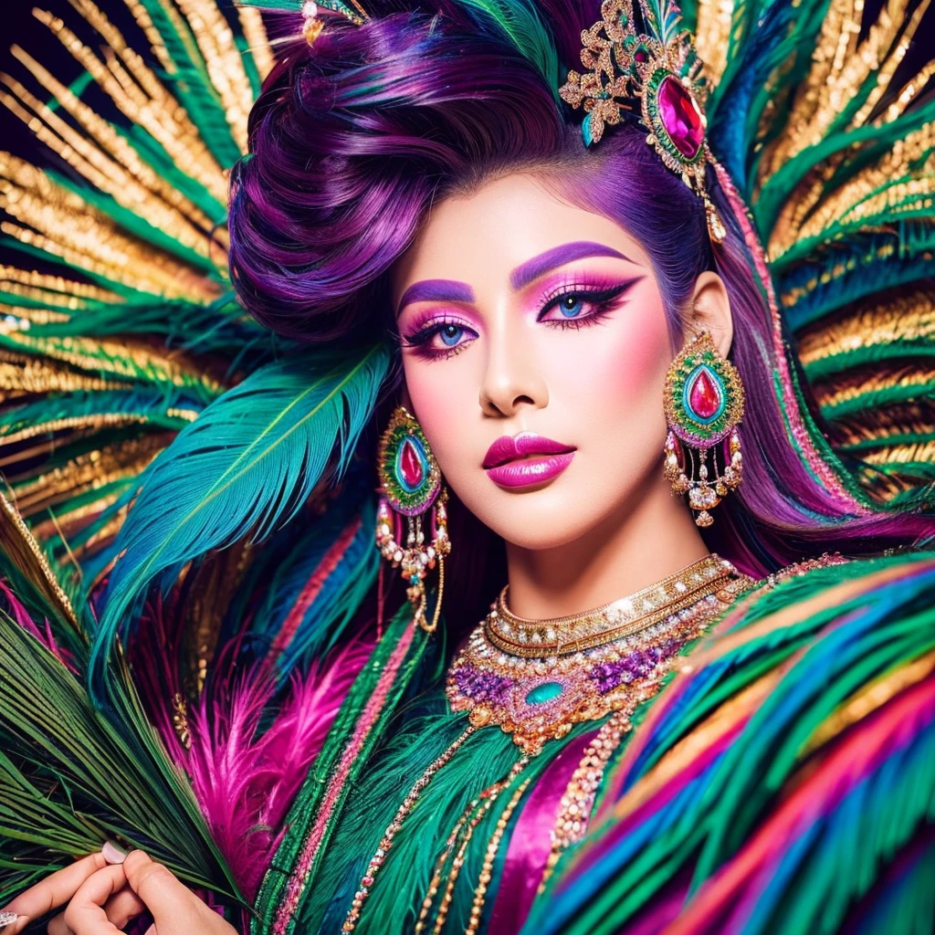 A magnificent drag queen with intricate makeup and flamboyant attire, standing tall and exuding confidence at the center of the image, like a vibrant peacock spreading its majestic feathers. The queen's face embodies perfection, with beautifully defined eyes, mesmerizing eye shadow blending seamlessly into lush eyelashes, and luscious, glossy lips that shimmer with vibrant shades of pink and purple. Her flawless skin radiates a soft, ethereal glow
