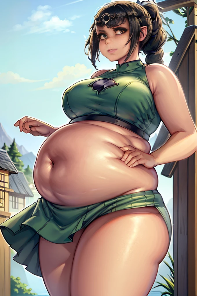 masterpiece, best quality, art by kipteitei, 1girl, shadowheart, chubby, fat, anime, belly, full belly, muffin top, back fat, fat rolls, bbw, thick thighs, large breasts, , grabbing belly, black hair, braided ponytail, green eyes, circlet, closeup, looking at viewer, simple background