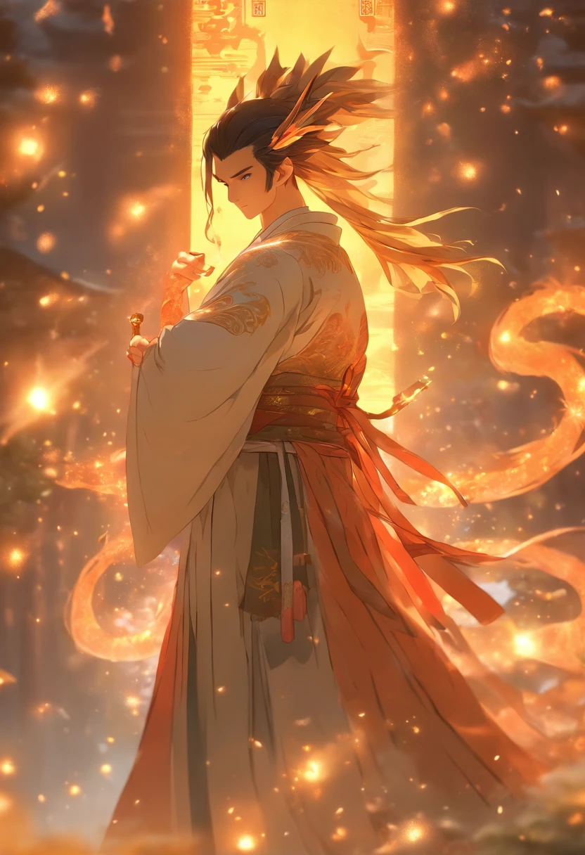 (tmasterpiece), (Best quality), Cinematic quality,Rendered by Octane,Ultra-detailed details,1 boy,Face of a young man,Facial detail portrayal,Perfect facial features,(light particles in air:1.5),beam of light,optics,floating light energy,glowing body,Glowing dragon,staredown, watch audience, (Ancient Chinese Hanfu:1.2), (Holding a long sword:1.2), (Behind him,huge light dragon:1.6)