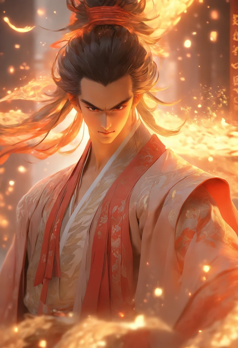 (tmasterpiece), (Best quality), Cinematic quality,Rendered by Octane,Ultra-detailed details,1 boy,Face of a young man,Facial detail portrayal,Perfect facial features,(light particles in air:1.5),beam of light,optics,floating light energy,glowing body,Glowing dragon,staredown, watch audience, (Ancient Chinese Hanfu:1.2), (Holding a long sword:1.2), (Behind him,huge light dragon:1.6)
