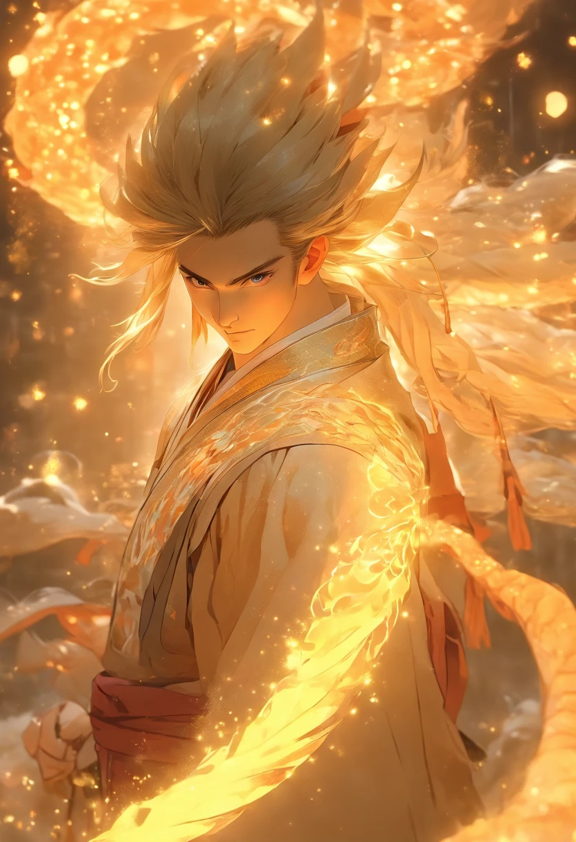 (tmasterpiece), (Best quality), Cinematic quality,Rendered by Octane,Ultra-detailed details,1 boy,Face of a young man,Facial detail portrayal,Perfect facial features,(light particles in air:1.5),beam of light,optics,floating light energy,glowing body,Glowing dragon,staredown, watch audience, (Ancient Chinese Hanfu:1.2), (Holding a long sword:1.2), (Behind him,huge light dragon:1.6)