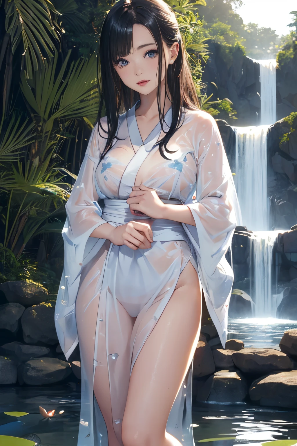 ((Waterfall basin on a moonlit night)),((Beautiful woman standing in the middle of the pond)),((Beautiful half-naked woman in a beautiful waterfall basin)), ((Sharp bewitching eyes))、((A sexy))、(((See-through kimono:1.3)))、((Kimono made of thin cloth wet with water:1)), pale skin、(((1 girl in:1))), ((pale skin))、Melancholy beautiful face、Beautiful expression、Sexy face、Nipple bumps, (((Lower breast)))、(((Beautiful breasts ))), Beautiful 、long boots、Super fine face、Delicat eyes、(Double eyelids)、 (((1 Japan Woman)))、 Beautie, 20yr old,((See-through Japanese clothes)), (Showing off by wearing Japanese revealing clothes),