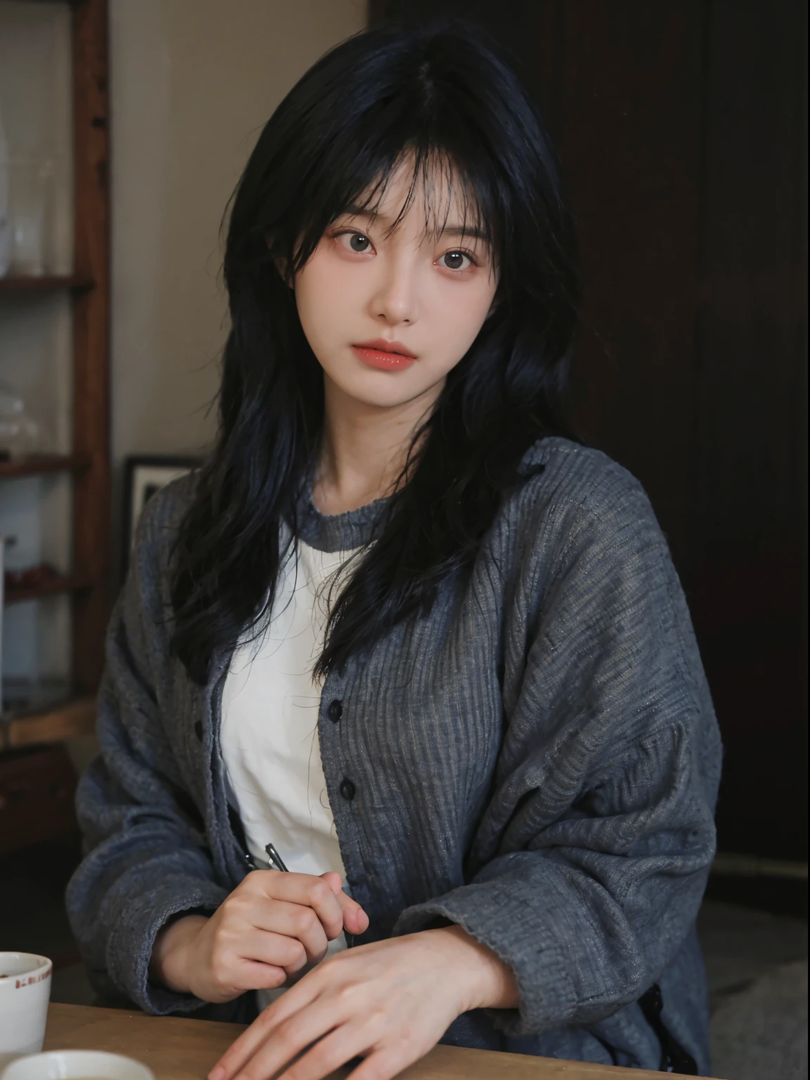 Best quality at best, 超高分辨率, (realistically:1.4), A woman with long black hair and a gray sweater, The middle view is, shift dresses,under a ray of sunshine,She has black hair,through bangs, young lovely Korean faces, Cute Korean face, Urzans, Shin Jinying, beautiful aesthetic face, Korean facial features, Played by Liu Li Zhien ,beautiful realistic face