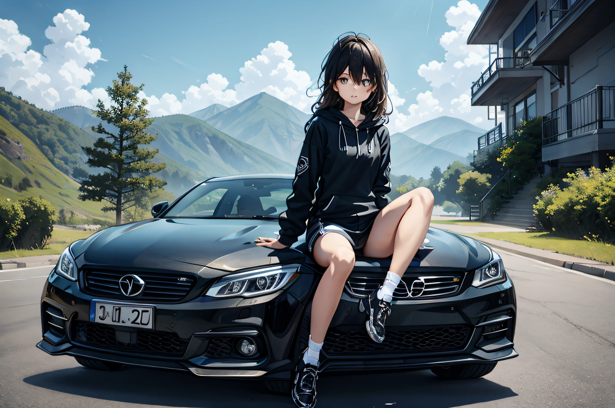 sitting on the hood of a black car