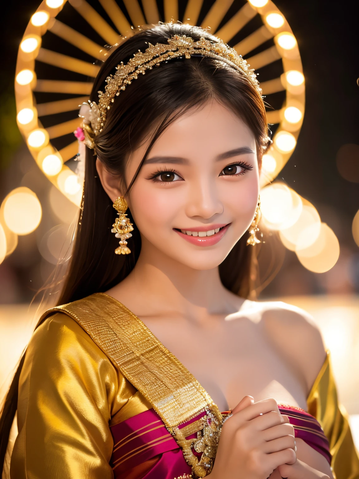 8k,A captivating Portriat image of a stunning Thai woman with an enchanting presence, adorned in traditional Thai attire. Highlight her gracefully poised face, eyes sparkling with radiance, and a captivating smile. immersed in the joyous preparation for Loy Krathong. Capture the elegance and beauty of Thai culture, blending traditional attire with the spirit of the festival.