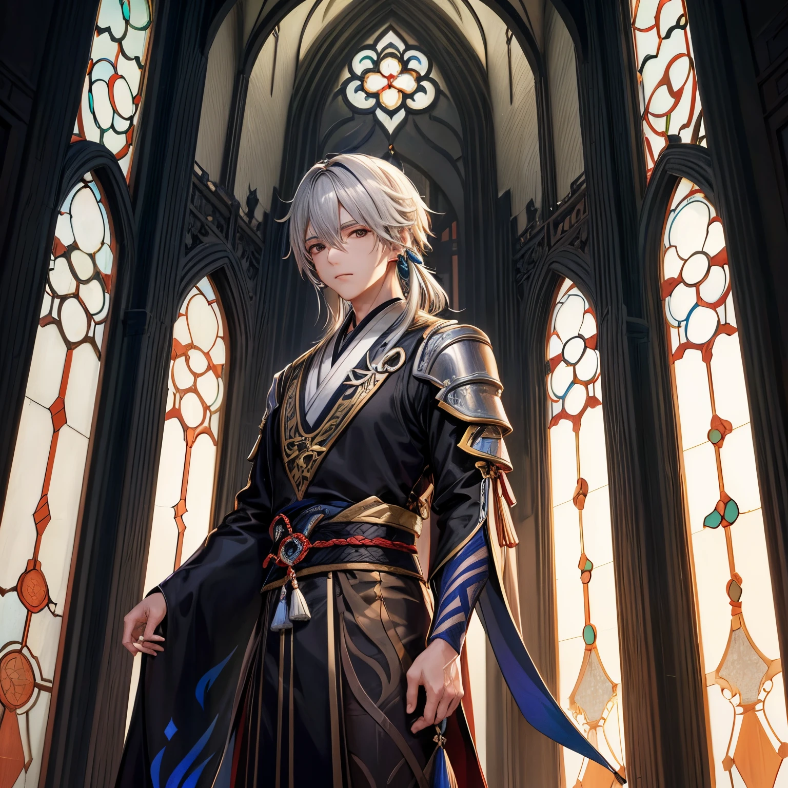Al Haitham (genshin impact), 1男性, (Alone:1.4), with gray hair, Standing in front of a stained glass window, dramatic sunset lights