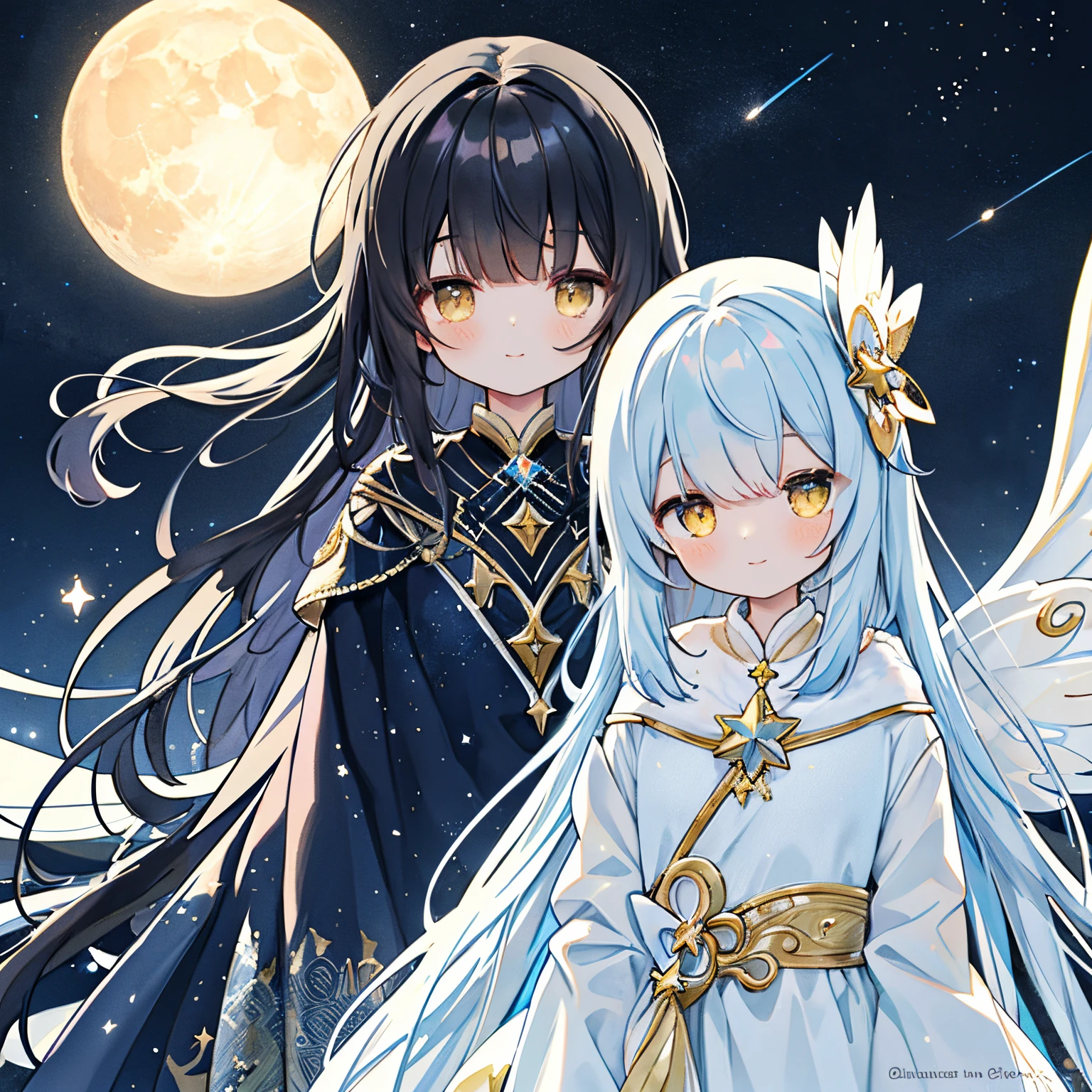 Transparent watercolor,girl with,Jewel Eyes,Beautiful arrangements and motifs、A slight smil、Originality、GAMECHARACTER DESIGN、kirakira、ornamented、ren, Star Fairy、fairy wings、Star watermark on the feather、night sky pattern clothes、star images、Star Hairpin、yellow eyes、Night sky hair, Cool, Gentle smile, White background, light, Detailed picture , depth of fields , Fantastic ,Beautifully shining moon, Beauty、Transparency、Lustrous hair、GAMECHARACTER DESIGN、(one girls:1.0)、Dark hair that imitates the night sky、Sparkling stars in your hair