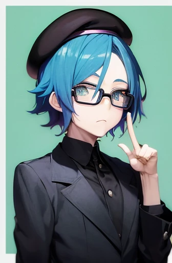(Best Quality, masutepiece:1.2),1boy,Anime young man with blue hair and glasses in a black jacket, live2d virtual youtuber model, 2 d anime style, anime moe art style, paint tool sai!! Blue, anime stylized, Stylized anime, 2 D Anime, bright green eyes,beret