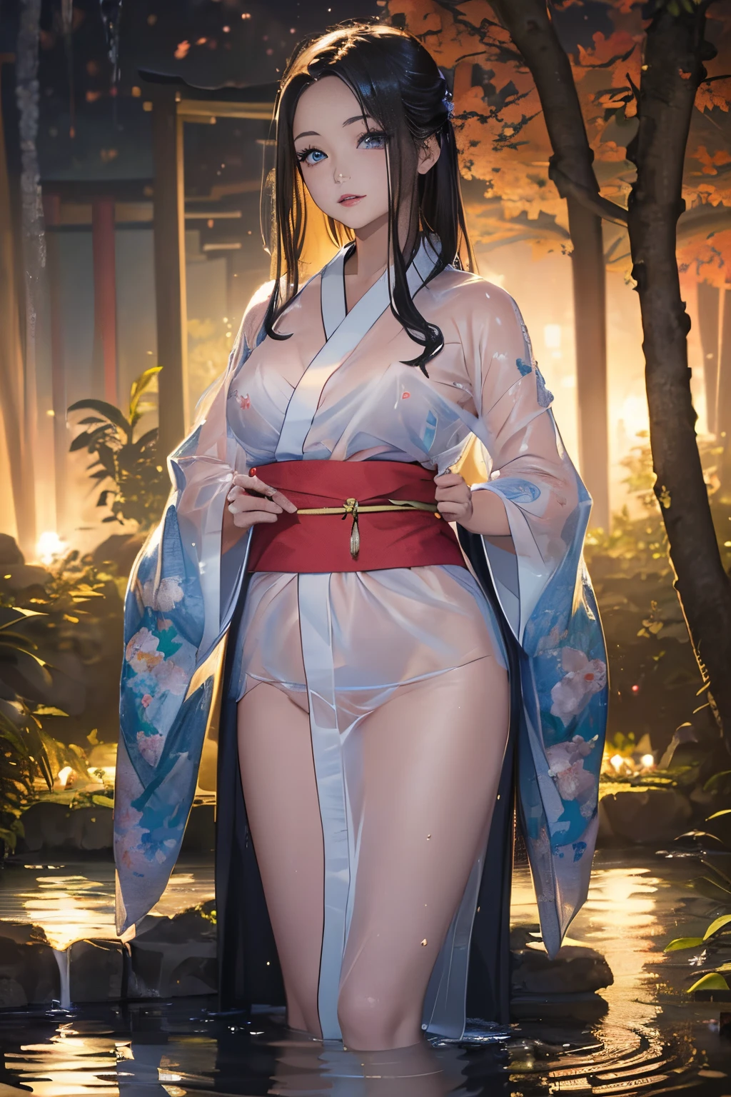 ((Waterfall basin on a moonlit night)),((beautiful woman standing in the middle of the pond)),((Beautiful half-naked woman in a beautiful waterfall basin)), ((Sharp bewitching eyes))、((A sexy))、(((See-through kimono:1.3)))、((Kimono made of thin cloth wet with water:1)), pale skin、(((1 girl in:1))), ((pale skin))、Melancholy beautiful face、Beautiful expression、Sexy face、Nipple bumps, (((Lower breast)))、(((Beautiful breasts ))), Beautiful 、long boots、Super fine face、Delicat eyes、(Double eyelids)、 (((1 Japan Woman)))、 Beautie, 20yr old,((See-through kimono)), (Show off by wearing Japanese revealing clothes),