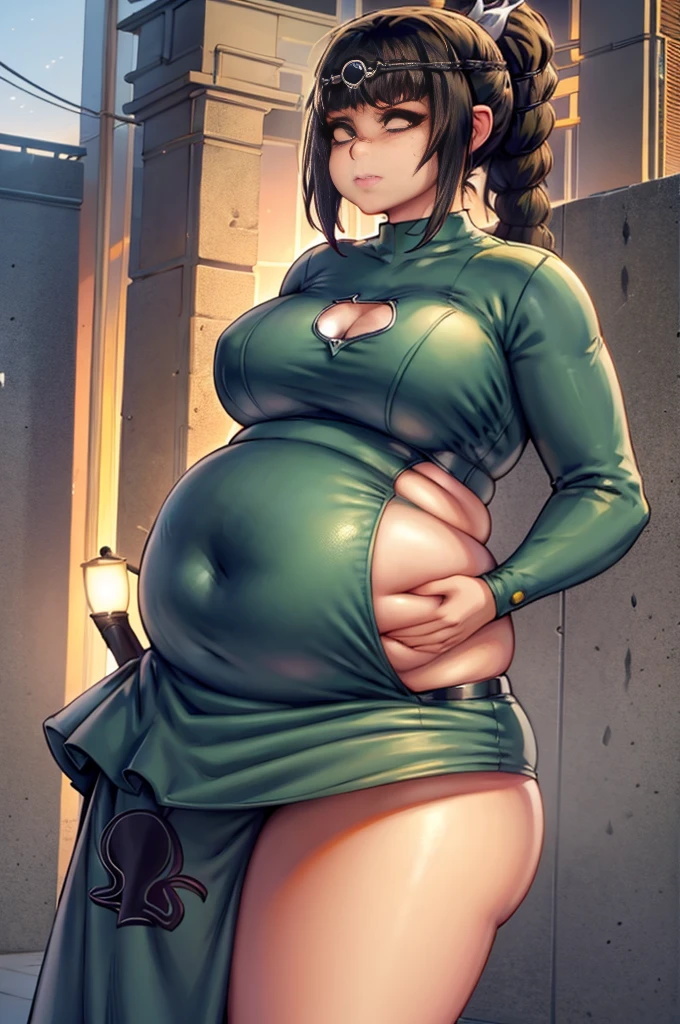 masterpiece, best quality, art by kipteitei, 1girl, shadowheart, chubby, fat, anime, belly, full belly, muffin top, back fat, fat rolls, bbw, thick thighs, large breasts, grabbing belly, black hair, braided ponytail, green eyes, circlet, closeup, looking at viewer, closed mouth, small nose, anime face, simple background