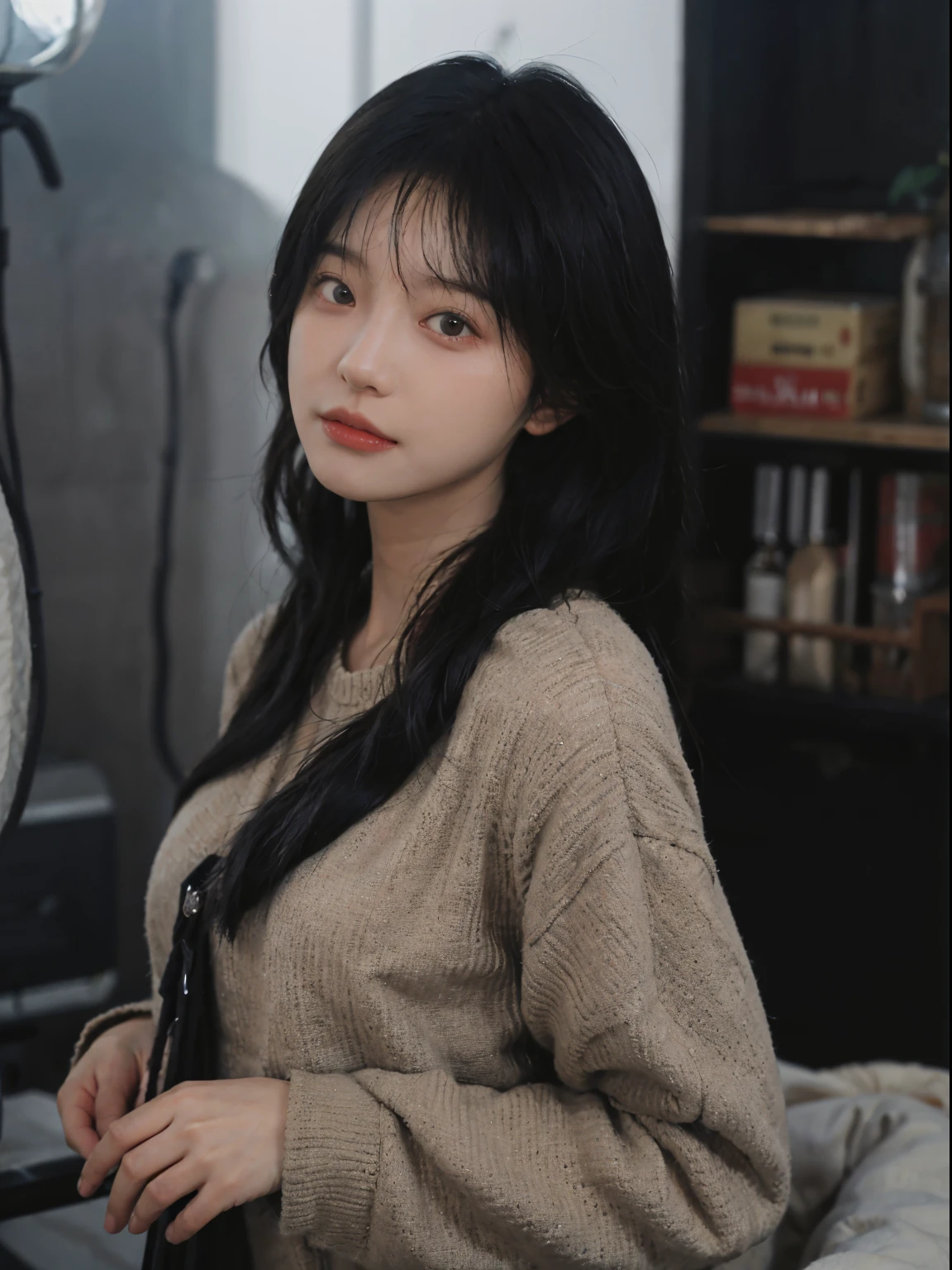 Best quality at best， 超高分辨率， （realistically：1.4）， A woman with long black hair and a gray sweater, The middle view is, shift dresses，under a ray of sunshine，She has black hair，through bangs, young lovely Korean faces, Cute Korean face, Urzans, Shin Jinying, beautiful aesthetic face, Korean facial features, Played by Liu Li Zhien ，beautiful realistic face