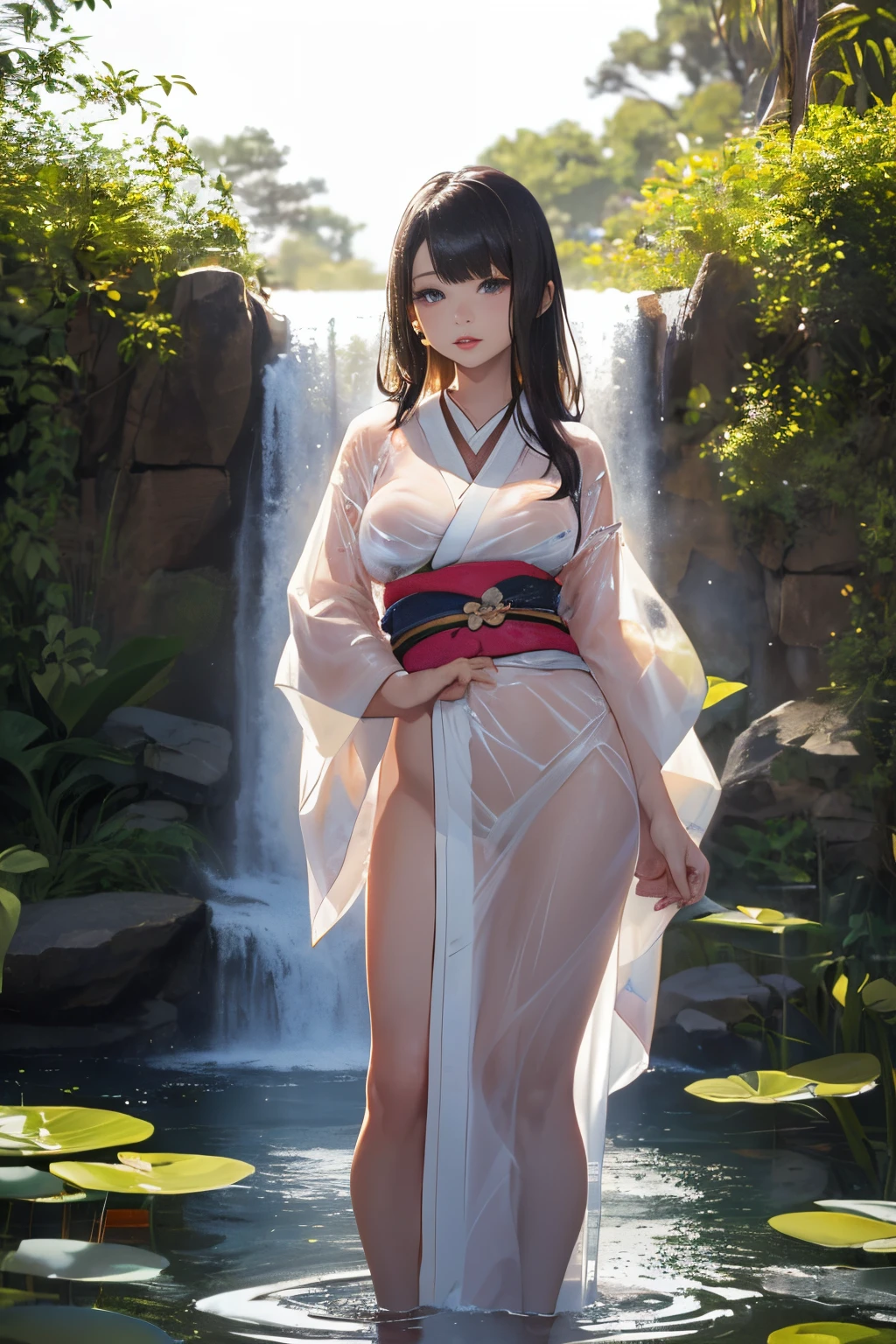 ((Waterfall basin on a moonlit night)),((beautiful woman standing in the middle of the pond)),((Beautiful half-naked woman in a beautiful waterfall basin)), ((Sharp bewitching eyes))、((A sexy))、(((See-through kimono:1.3)))、((Kimono made of thin cloth wet with water:1)), pale skin、(((1 girl in:1))), ((pale skin))、Melancholy beautiful face、Beautiful expression、Sexy face、Nipple bumps, (((Lower breast)))、(((Beautiful breasts ))), Beautiful 、long boots、Super fine face、Delicat eyes、(Double eyelids)、 (((1 Japan Woman)))、 Beautie, 20yr old,((See-through kimono)), (Show off by wearing Japanese revealing clothes),