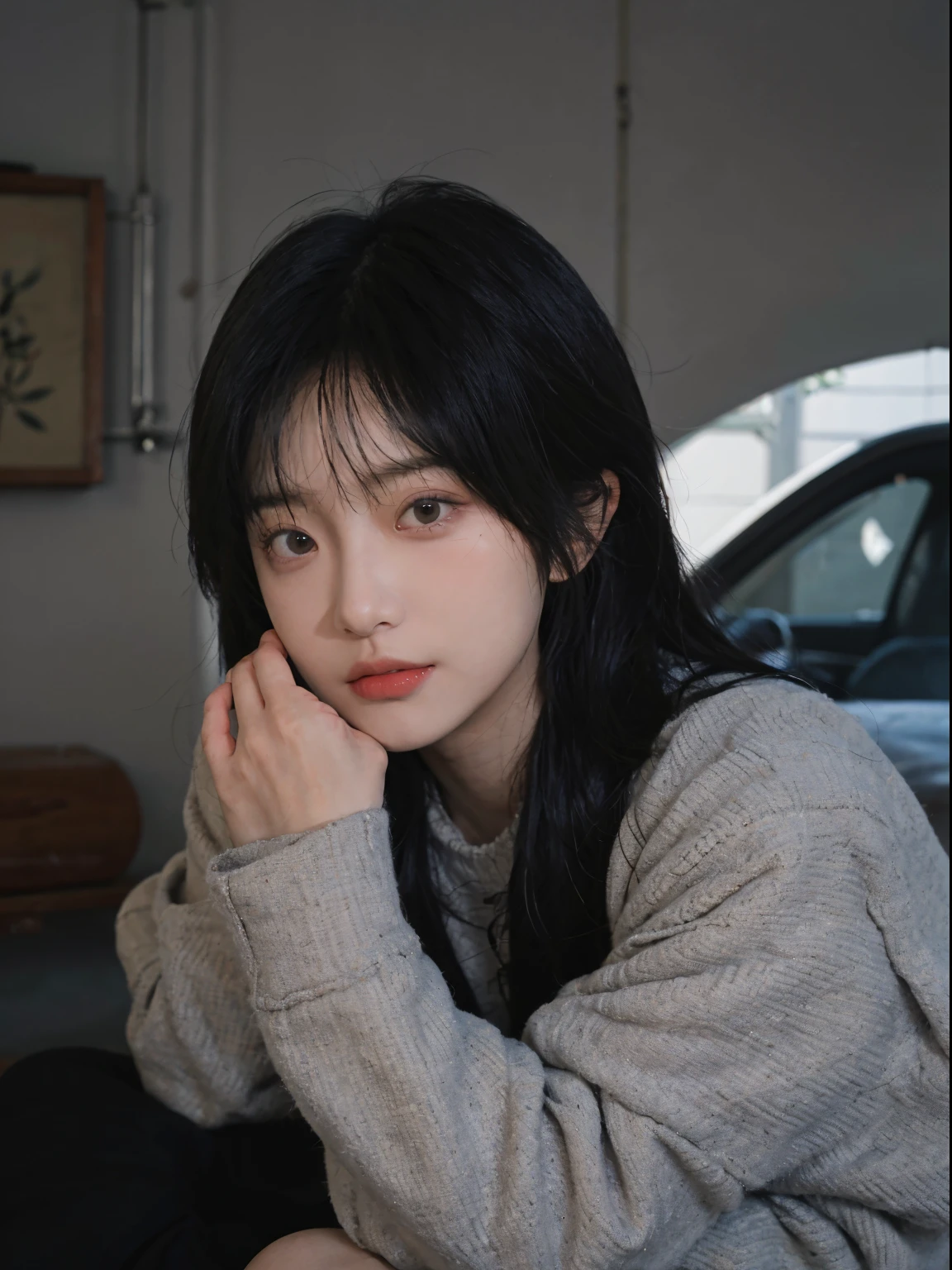 Best quality at best, 超高分辨率, (realistically:1.4), A woman with long black hair and a gray sweater, The middle view is, shift dresses,under a ray of sunshine,She has black hair,through bangs, young lovely Korean faces, Cute Korean face, Urzans, Shin Jinying, beautiful aesthetic face, Korean facial features, Played by Liu Li Zhien ,beautiful realistic face
