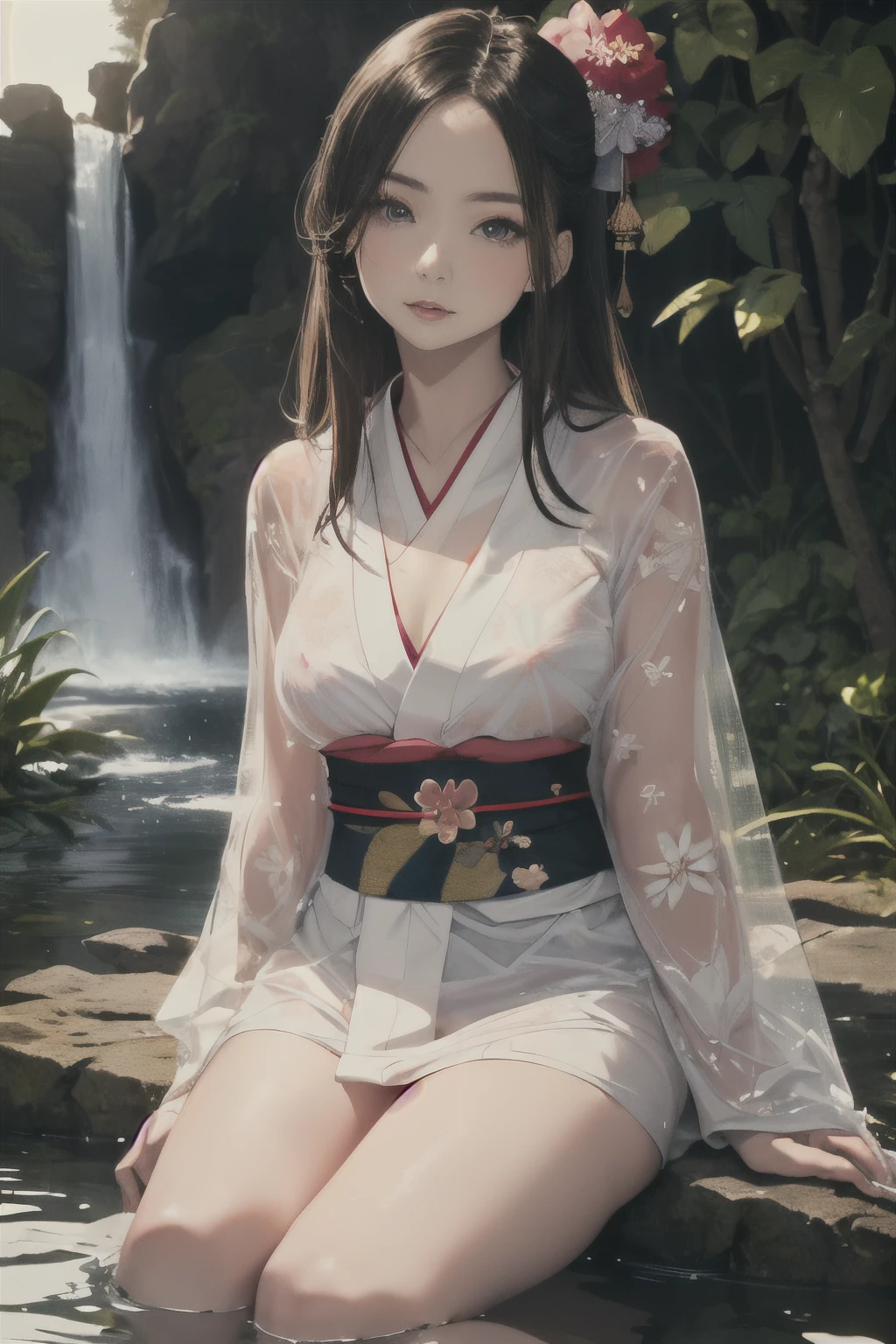 ((Waterfall basin on a moonlit night)),((beautiful woman standing in the middle of the pond)),((Beautiful half-naked woman in a beautiful waterfall basin)), ((Sharp bewitching eyes))、((A sexy))、(((See-through kimono:1.3)))、((Kimono made of thin cloth wet with water:1)), pale skin、(((1 girl in:1))), ((pale skin))、Melancholy beautiful face、Beautiful expression、Sexy face、Nipple bumps, (((Lower breast)))、(((Beautiful breasts ))), Beautiful 、long boots、Super fine face、Delicat eyes、(Double eyelids)、 (((1 Japan Woman)))、 Beautie, 20yr old,((See-through kimono)), (Show off by wearing Japanese revealing clothes),