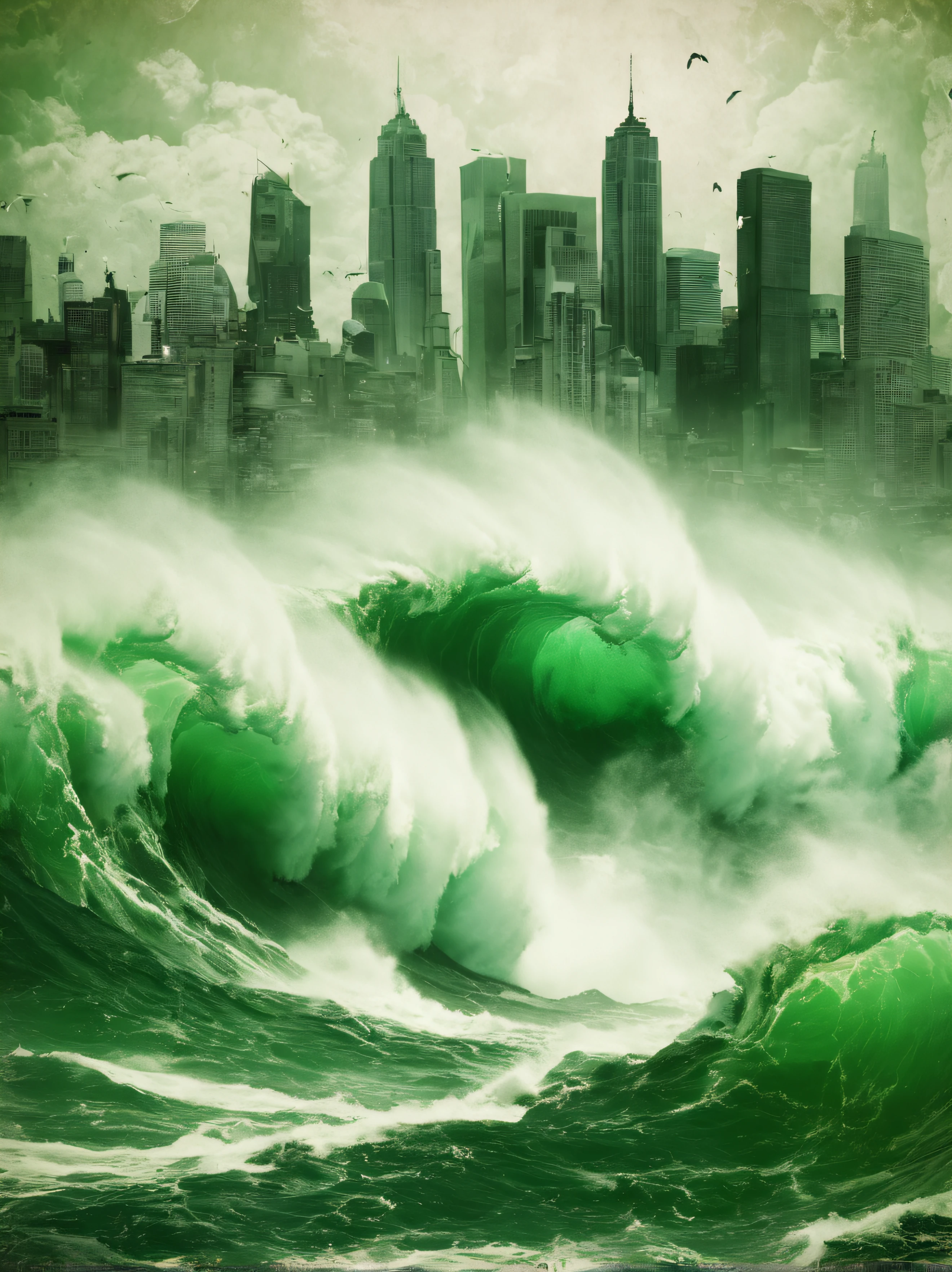 Doubleexposure, big city, Raging green sea, (Doubleexposure:1,5), poster