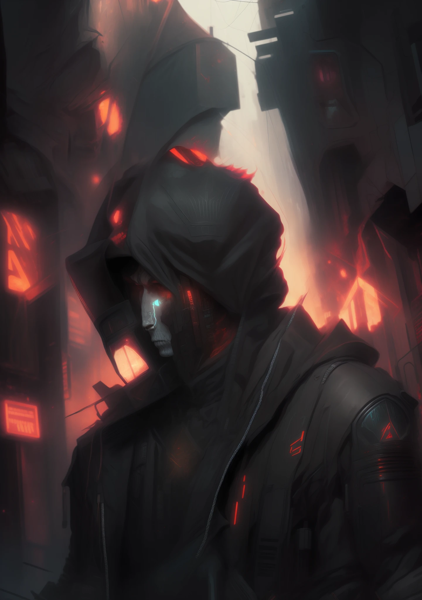 a close-up of a poster of a person in a hood, badass anime 8 k, omen from valorant, Dan Mumford Tom Bagshaw, dark cyberpunk illustration, No estilo Dan Mumford obra de arte, epic full color illustration, red skull, epic digital art illustration, arte oficial altamente detalhada, Arte em 4k, Arte digital detalhada em 4k, arte digital do anime cyberpunk