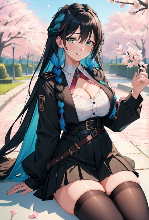 (((masterpiece)), (best quality:1.7), (detailed:1.4), (high res:1.4), 8k, (colorful:1.5), high resolution, sharped image, 4k, hd, (beautiful detailed background:1.2), (beautiful lighting:1.2), (highly detailed:1.2), perfect lighting, (8k wallpaper:1.2), (highly detailed:1.2), (extremely detailed CG:1.2), mitsuri_dms, 1girl, solo, green eyes, mole, mole under eye, green hair, pink hair, ((black_special_pupil)), eyelashes, thick eyelashes, braids, twin braids, hair between eyes, long hair, large breasts, skirt, black skirt, pleated skirt, belt, white belt, long sleeves, jacket, white jacket, thighhighs, green thighhighs, open clothes, zettai ryouiki, haori, demon slayer uniform, japanese clothes, cleavage, sitting, sakura trees, sakura, leaves, petals, ((blush)), smile,