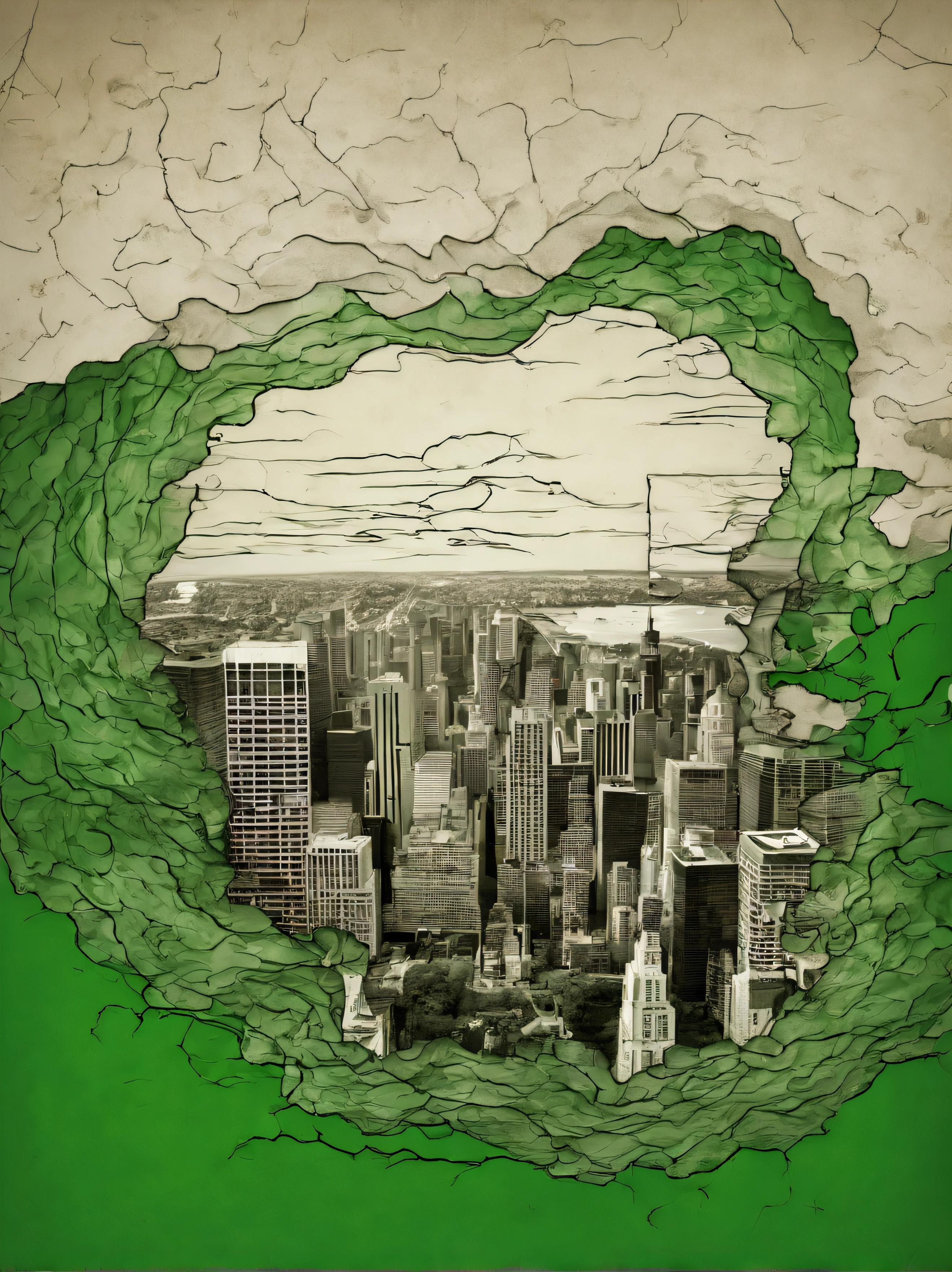 Doubleexposure: (Outline image of a big city:1.3) inside (Raging green sea:1,7), (Doubleexposure:2,5), poster