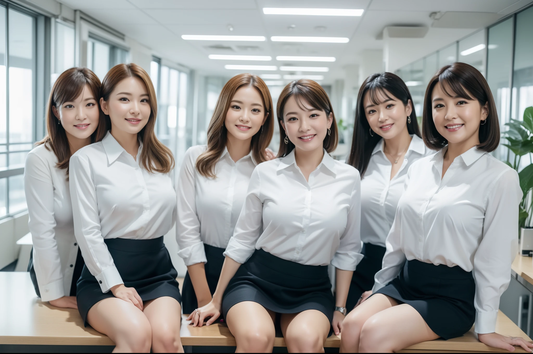 ((Best Quality, 8k, Masterpiecedetails, ultra-high resolution)), (group picture)(looking at the viewer), (full shot:), attractive business 5 milfs, 5 people, a bit chubby:0.25, white collared shirt, grey skirt, (sitting with cross legs on office desks)), smile, office of CEO,