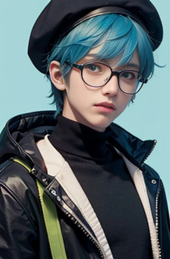 Handsome teenager(Best Quality, masutepiece:1.2),1boy,Anime young man with blue hair and glasses in a black jacket, live2d virtual youtuber model, 2 d anime style, anime moe art style, paint tool sai!! Blue, bright green eyes,beret