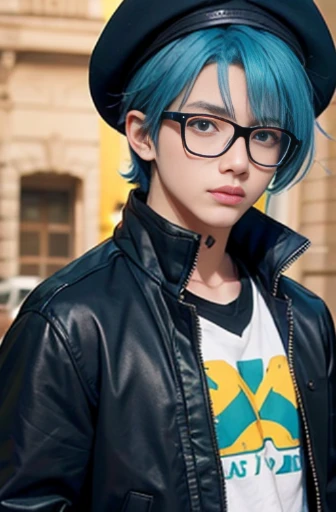 Handsome teenager(Best Quality, masutepiece:1.2),1boy,Anime young man with blue hair and glasses in a black jacket, live2d virtual youtuber model, 2 d anime style, anime moe art style, paint tool sai!! Blue, bright green eyes,beret