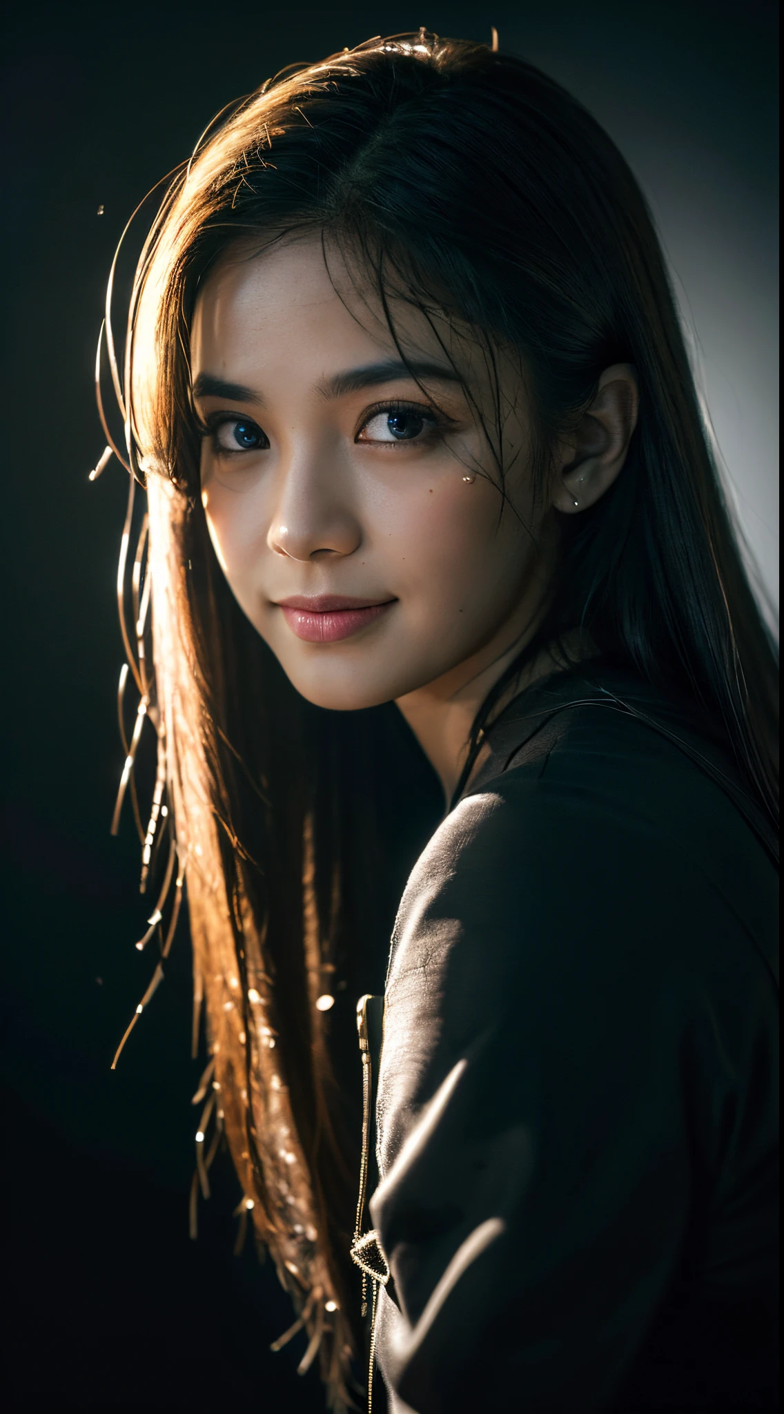 highest quality, epic realistic, ((in the pitch black darkness :1.4)), ((portrait:1.5)),(background: dark ) high contrast ,glorious picture, lowest lux, lighting face, she's comfortable, dark plain shirt, looks incredible, (8k, Raw photo, Highest quality),(epic realistic:1.5), a woman, face,(detailed eyes:0.8),(looking at the camera:1.4), (Highest quality), ( high contrast, deep shadows),Intricate details,cinematic,((skin:1.4)), (long dark hair:1.3), long hair, messy ,(Hdr:1.5),Detailed, colors, Superior quality, ( starry sky: 1.4), Masterpiece, Raw Photo (20-year-old, looking at viewer), beautiful, (wearing dark shirt,), perfect, natural, perfect composition, portrait, perfect face, smiling expression, Captivating eyes, Bright details, Tight lips, (High Skin Detail),, (blue tint: 0.6), (sale: 0.8), (bloody: 0.7), Key lighting , (backlight: 0.5), Medium depth of field, Canon 5d, 50mm lens, f/4 apertures, (Ultra-detailed, Complex detail), sharp focus, soft colors, 8k, Absurd, 80mm, dark background, photography, smiling, pinay, filipina, medium 