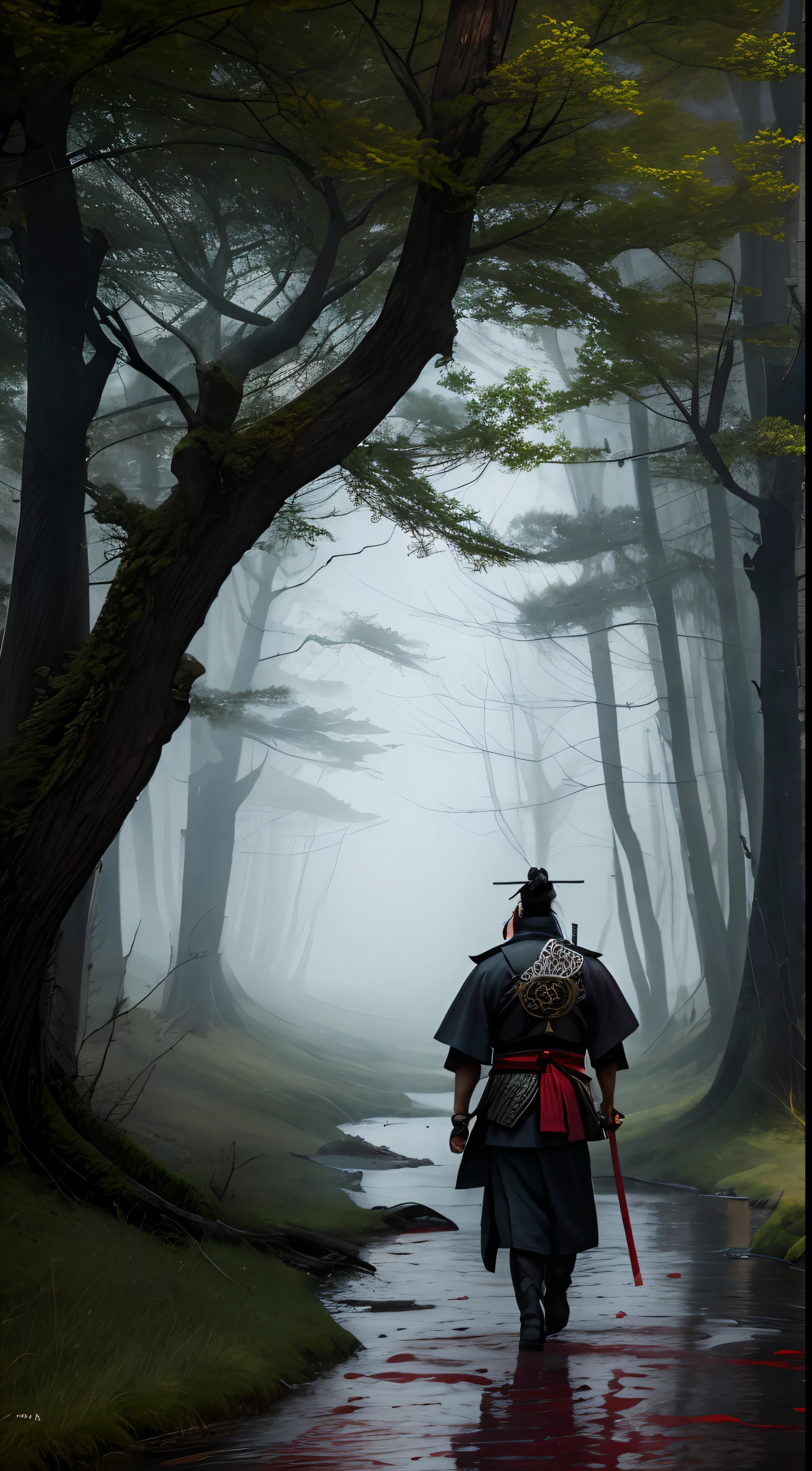 masterpiece, best quality, wallpaper, gorgeous, full body, walking, 1man, (samurai), ((blood)), grass, battleground, battlefield, destruction, death, epic, badass, monocromatic, red, fog, cinematic, cool, goatee, solo, alone, solitary, scary, sad, emotions, expressive, artistic, exausted, depression, feelings, dead tree, 4k, (blood in face), red japanease armor, armor, painting, perfect face,solo, alone, trees, leafs, river,