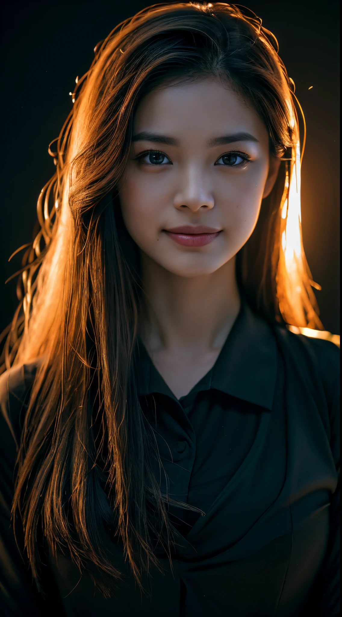 highest quality, epic realistic, ((in the pitch black darkness :1.4)), ((portrait:1.5)),(background: dark ) high contrast ,glorious picture, lowest lux, lighting face, she's comfortable, dark plain shirt, looks incredible, (8k, Raw photo, Highest quality),(epic realistic:1.5), a woman, face,(detailed eyes:0.8),(looking at the camera:1.4), (Highest quality), ( high contrast, deep shadows),Intricate details,cinematic,((skin:1.4)), (long dark hair:1.3), long hair, messy ,(Hdr:1.5),Detailed, colors, Superior quality, ( starry sky: 1.4), Masterpiece, Raw Photo (20-year-old, looking at viewer), beautiful, (wearing dark shirt,), perfect, natural, perfect composition, portrait, perfect face, smiling expression, Captivating eyes, Bright details, Tight lips, (High Skin Detail),, (blue tint: 0.6), (sale: 0.8), (bloody: 0.7), Key lighting , (backlight: 0.5), Medium depth of field, Canon 5d, 50mm lens, f/4 apertures, (Ultra-detailed, Complex detail), sharp focus, soft colors, 8k, Absurd, 80mm, dark background, photography, smiling, pinay, filipina, medium tits
