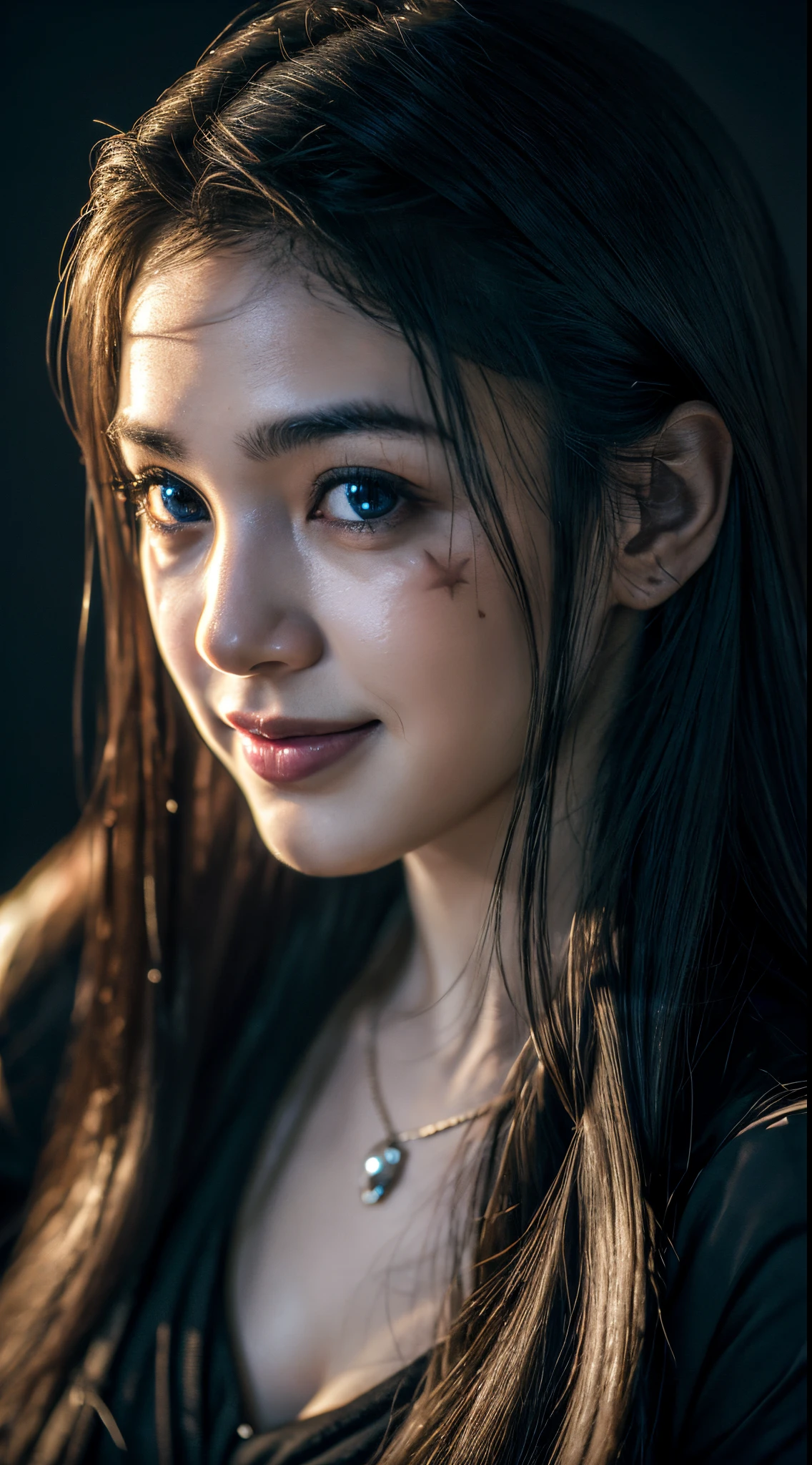 highest quality, epic realistic, ((in the pitch black darkness :1.4)), ((portrait:1.5)),(background: dark ) high contrast ,glorious picture, lowest lux, lighting face, she's comfortable, dark plain shirt, looks incredible, (8k, Raw photo, Highest quality),(epic realistic:1.5), a woman, face,(detailed eyes:0.8),(looking at the camera:1.4), (Highest quality), ( high contrast, deep shadows),Intricate details,cinematic,((skin:1.4)), (long dark hair:1.3), long hair, messy ,(Hdr:1.5),Detailed, colors, Superior quality, ( starry sky: 1.4), Masterpiece, Raw Photo (20-year-old, looking at viewer), beautiful, (wearing dark shirt,), perfect, natural, perfect composition, portrait, perfect face, smiling expression, Captivating eyes, Bright details, Tight lips, (High Skin Detail),, (blue tint: 0.6), (sale: 0.8), (bloody: 0.7), Key lighting , (backlight: 0.5), Medium depth of field, Canon 5d, 50mm lens, f/4 apertures, (Ultra-detailed, Complex detail), sharp focus, soft colors, 8k, Absurd, 80mm, dark background, photography, smiling, pinay, filipina, medium tits