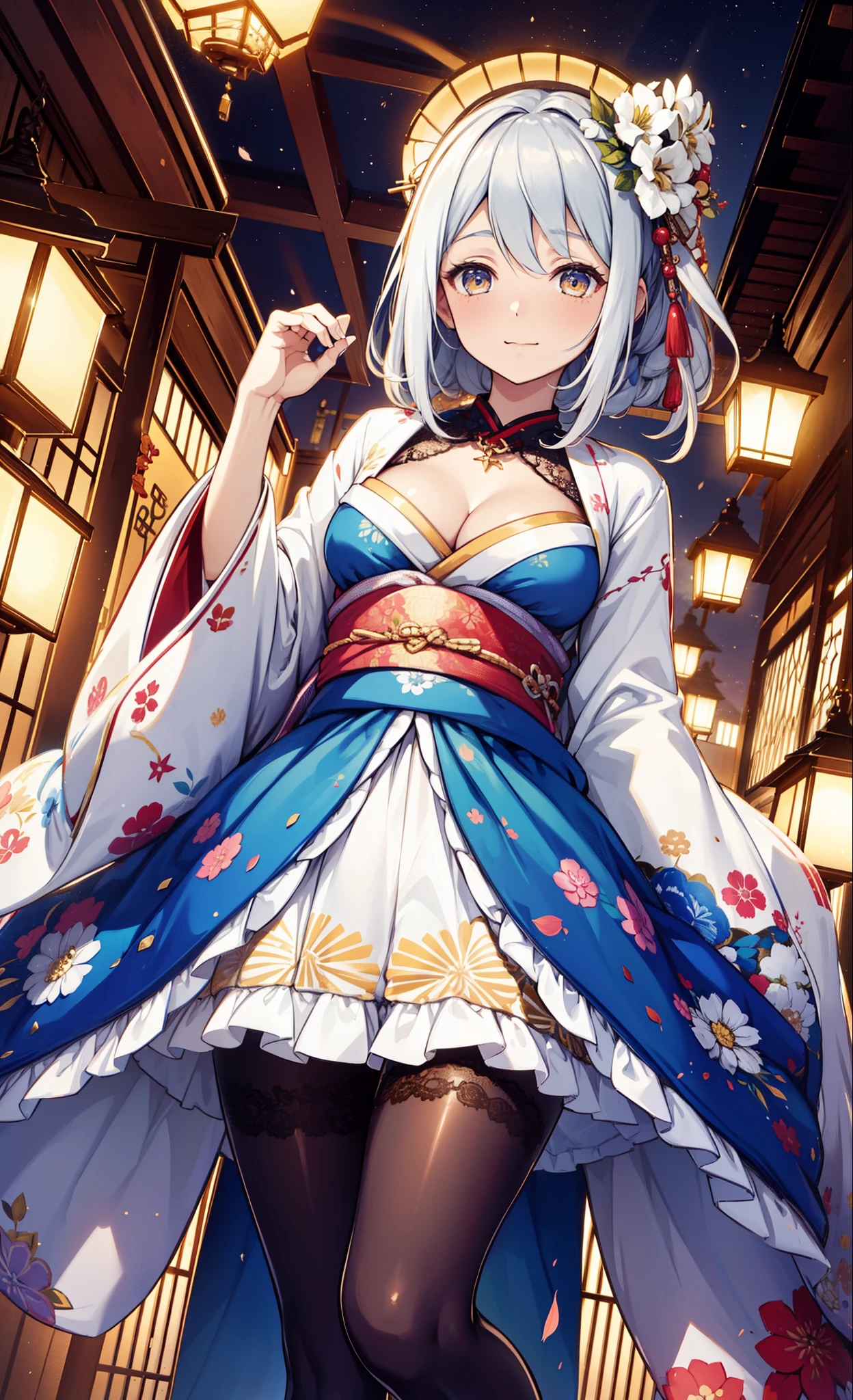 {{{{tmasterpiece}}}}, {{{ultra - detailed}}}, {{{High- sharpness}}}, {{Good anatomy}}, (((Best quality))), ((very delicate beautiful)), {{Very detailed and refined}}, {8k CG wallpaper}, {{lamplight}}, (floral patterns:1.1),There are many kinds of patterns that appear on clothes,(color difference:1.2),A mature woman,(The face of the maiden goddess), (1 plump girl:1), having fun,obsessed,独奏, 花魁, (Japanese clothes,:1.2),Black gloves,Lace pantyhose, Medium curve,natta,电影lamplight,shine,tempting pose