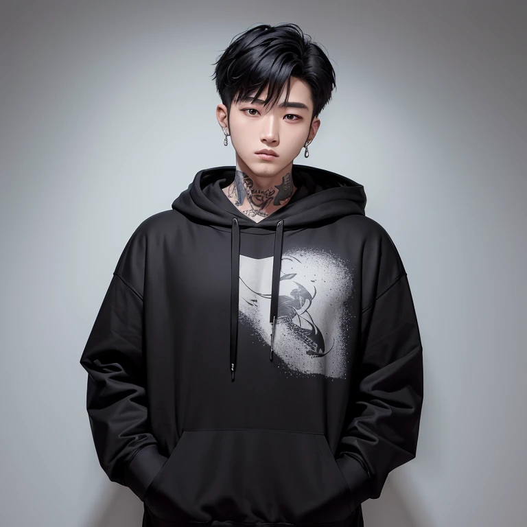 A masterpiece),(high-res),(High Quality), Young Korean man, Wide shoulders,tattoo on neck,Wearing earrings,Black Hoodie, Cold Page, One hand was in his pocket.,Black hair mixed with silver