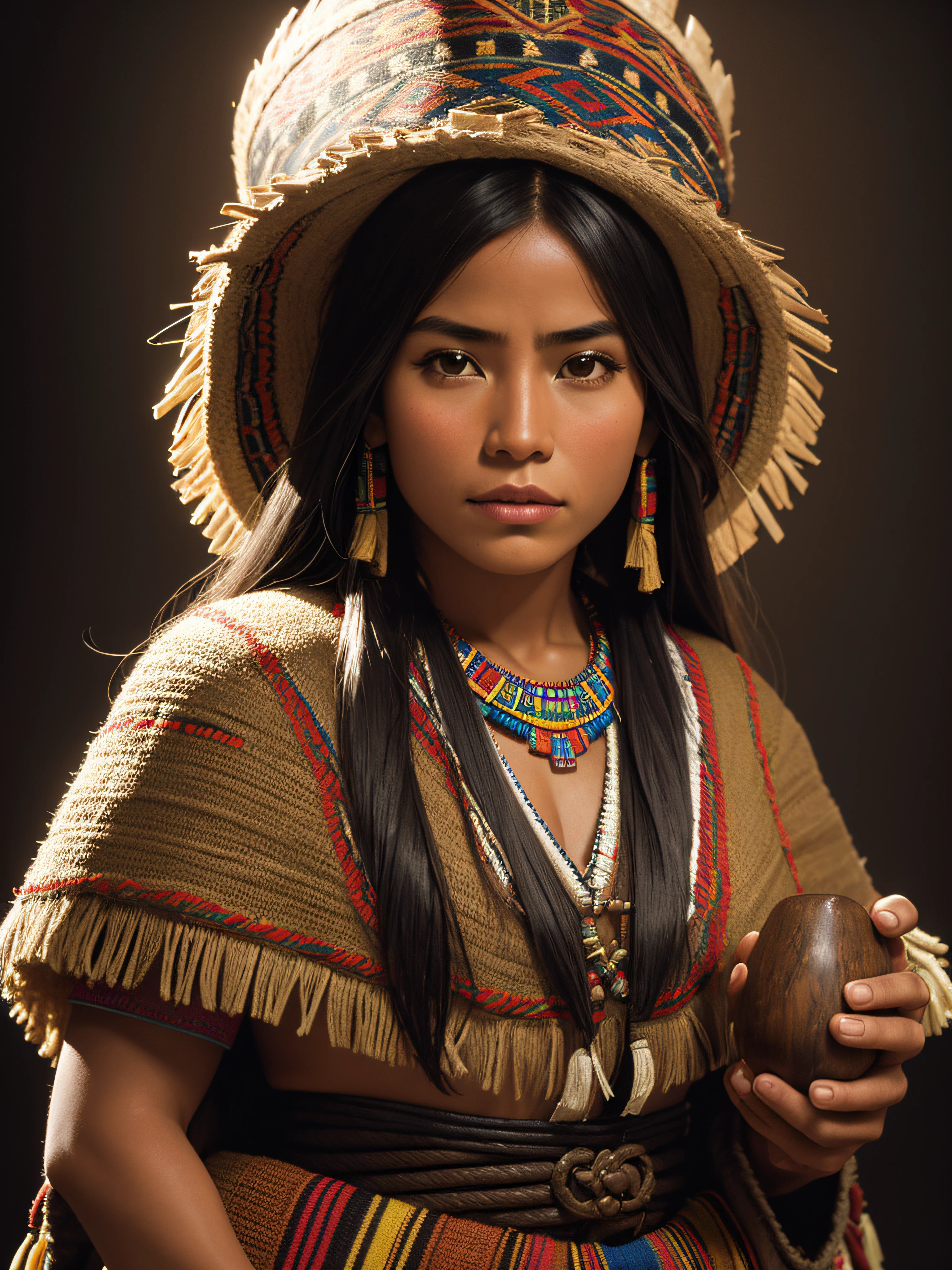 a Bolivina GANSTER GIRL Inca wearing a poncho digital artwork, high contrast, dramatic, refined, tonal, Focus on touch, connection, and relaxation a hyper-realistic muscular Inca woman holding a bole. A background of Inca pyramids